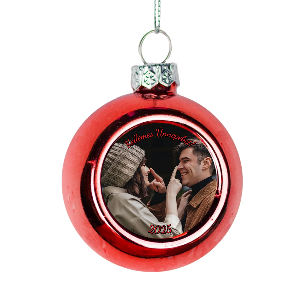 Karácsonyi piros gömbdísz saját fényképpel és szívhez szóló üzenettel
