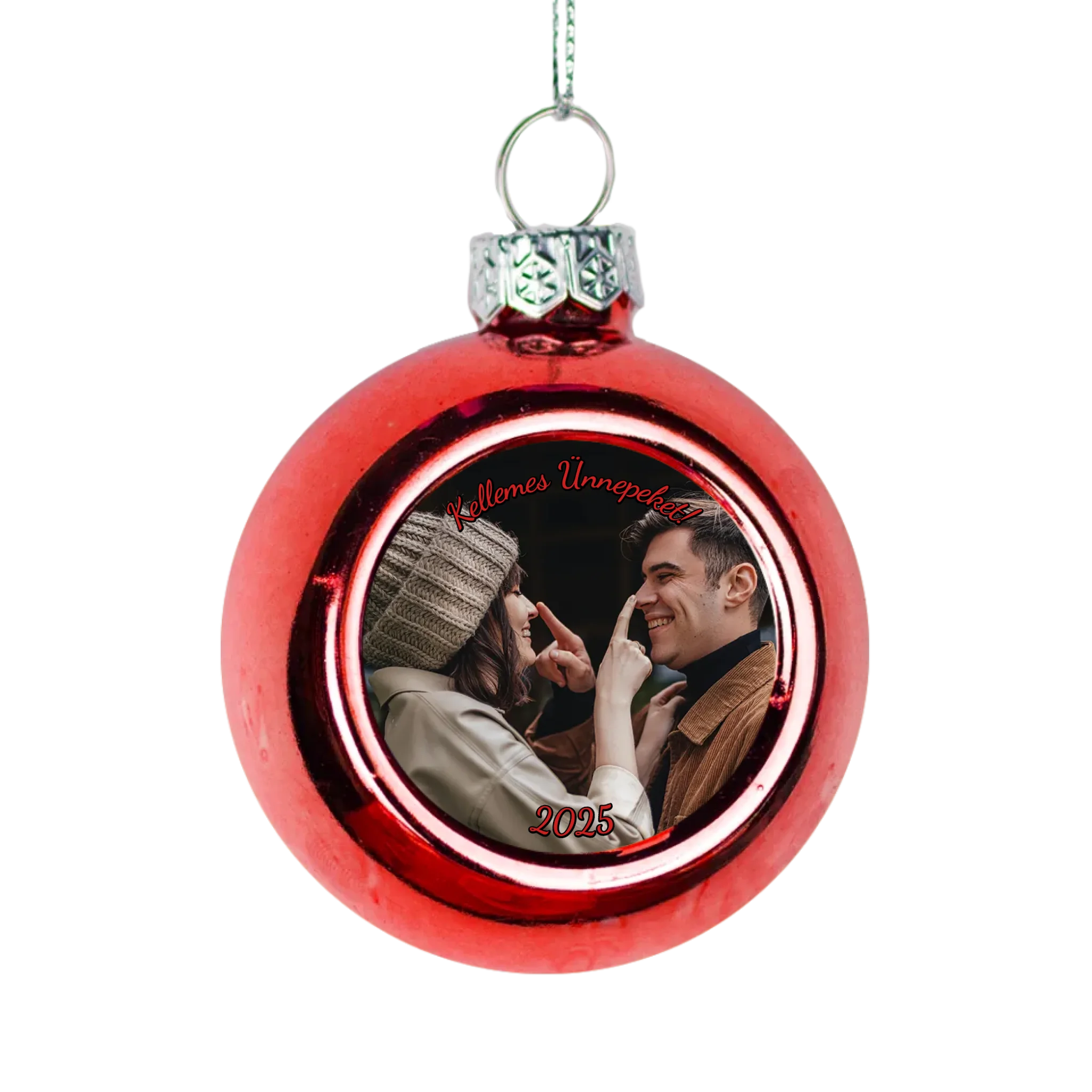 Karácsonyi piros gömbdísz saját fényképpel és szívhez szóló üzenettel