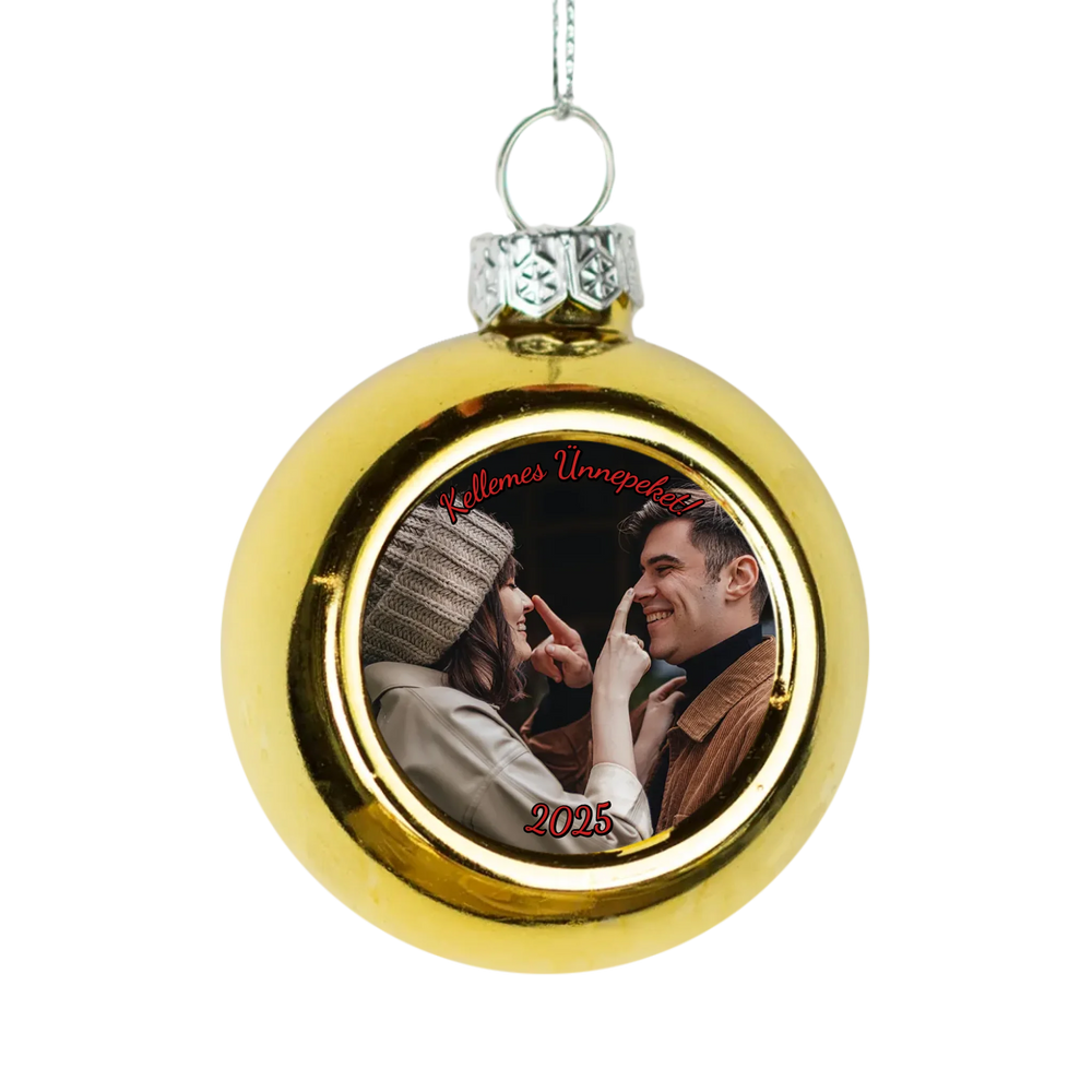 Karácsonyi arany gömbdísz saját fényképpel és szívhez szóló üzenettel