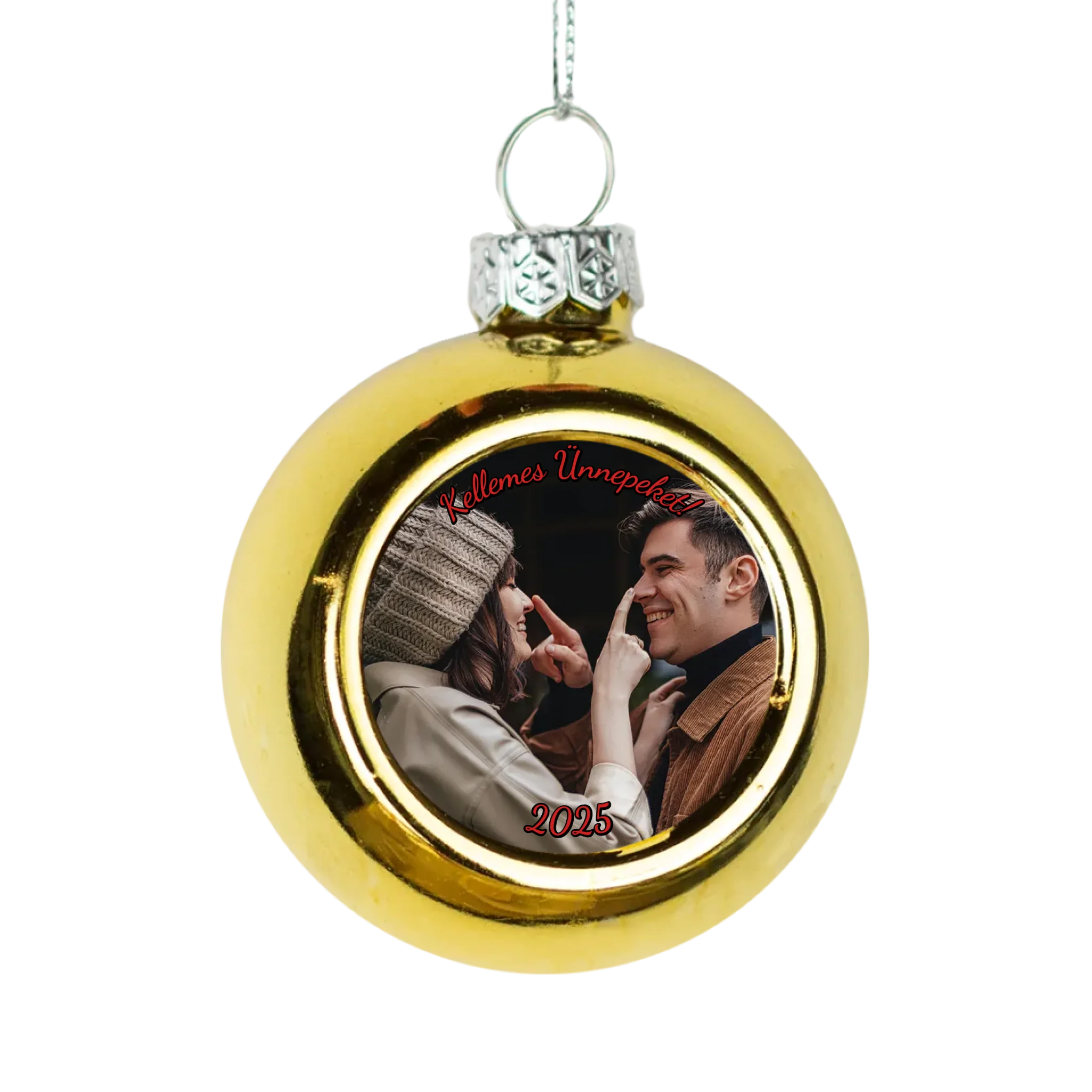Karácsonyi arany gömbdísz saját fényképpel és szívhez szóló üzenettel