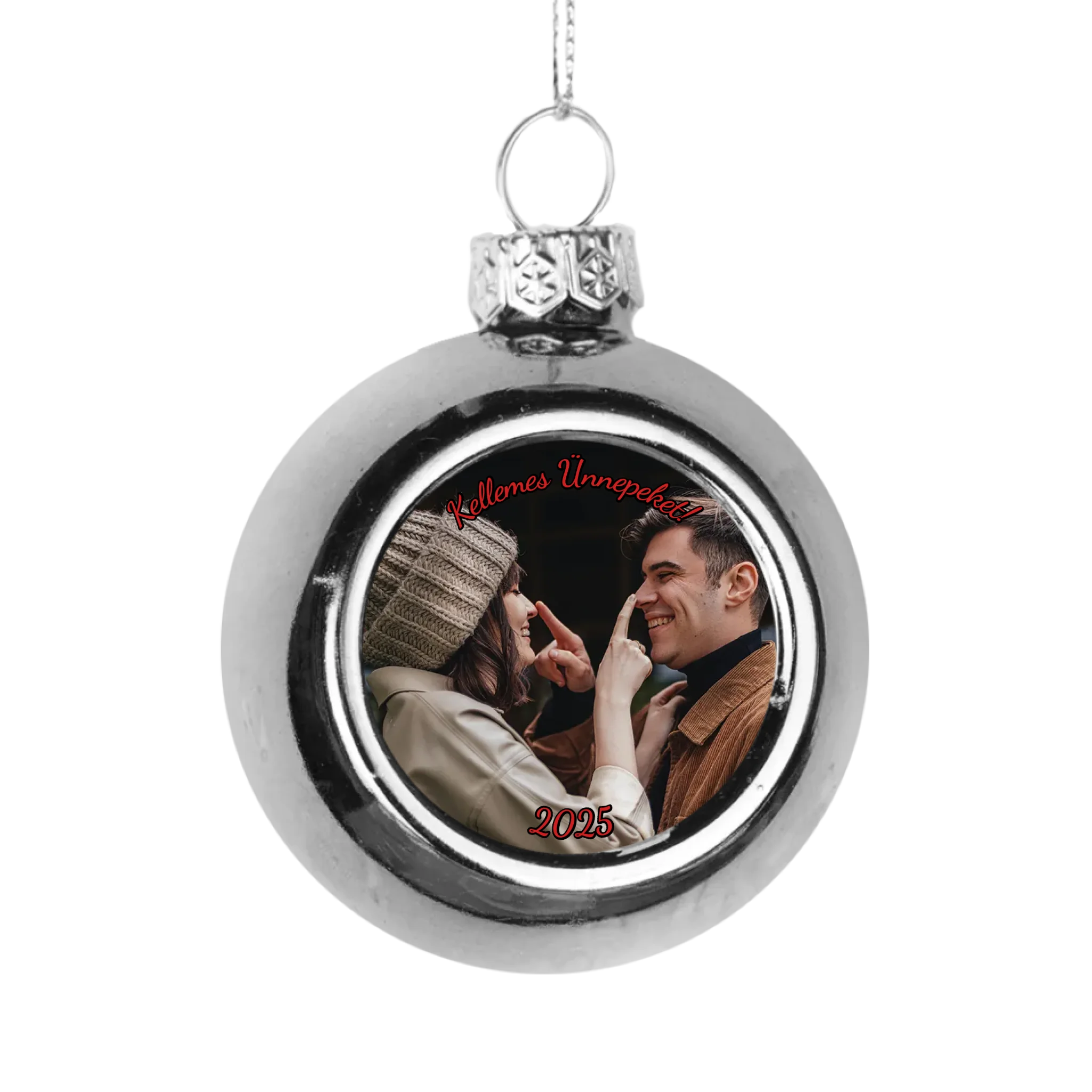 Karácsonyi ezüst gömbdísz saját fényképpel és szívhez szóló üzenettel