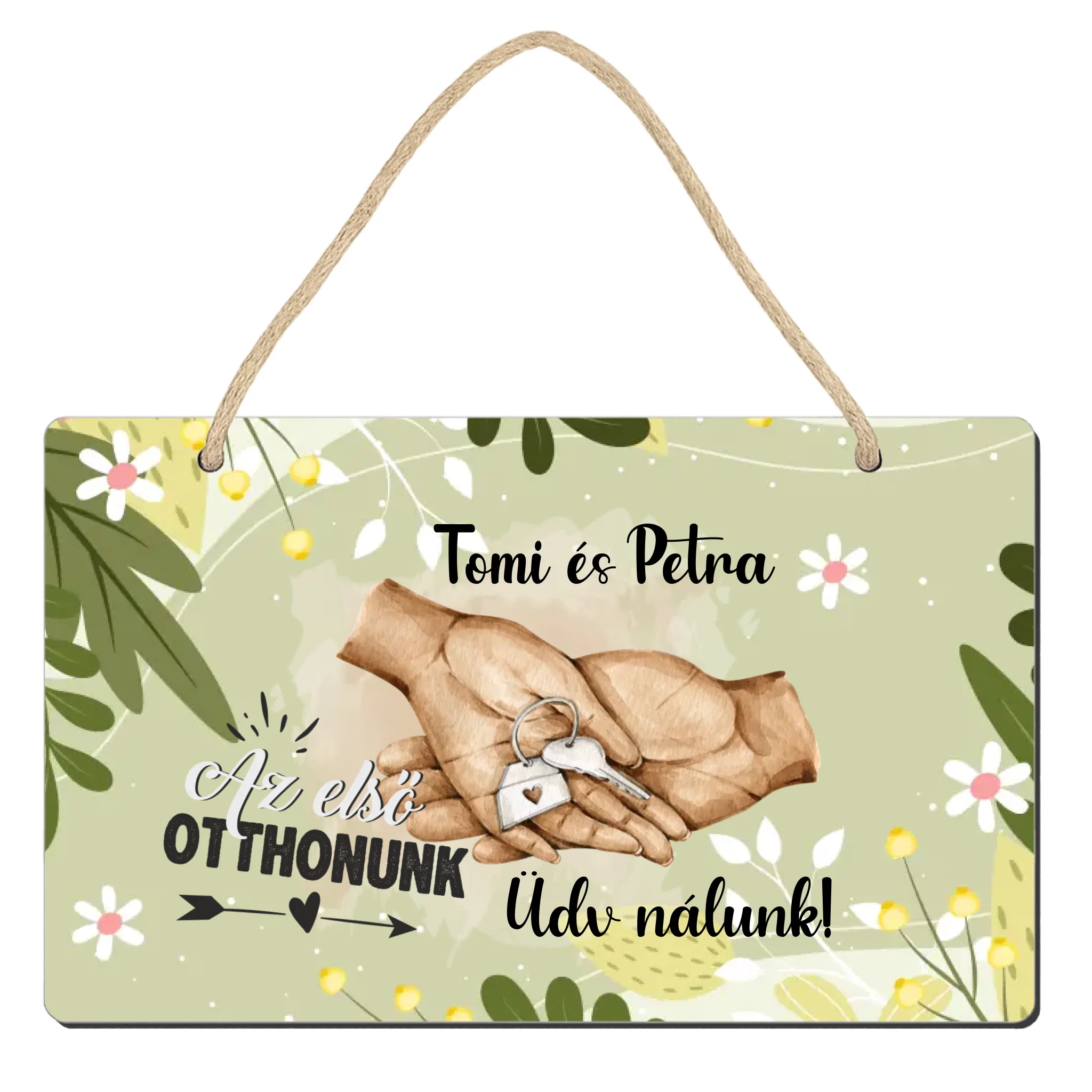 Üdvözlő fa dísztábla egyedi névvel és választahó mintával