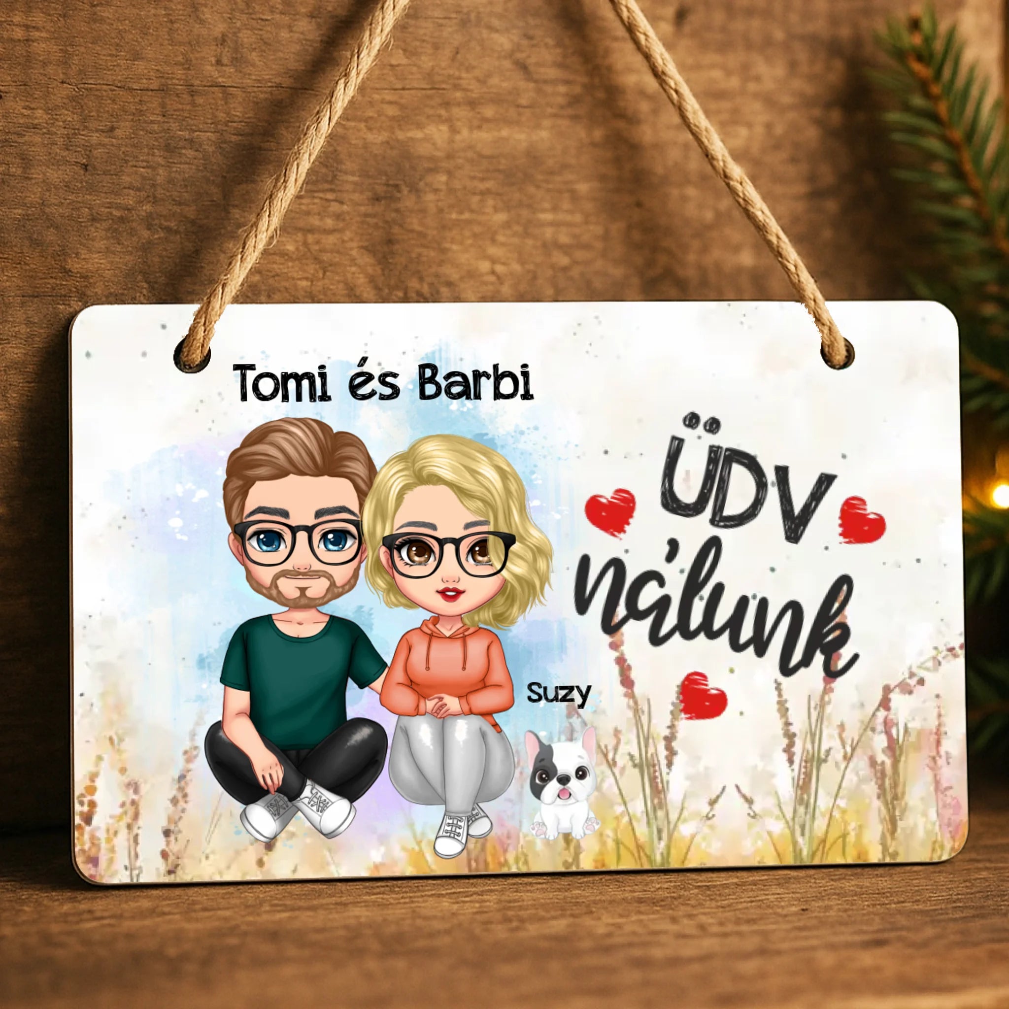 Ajtó kopogtató fa dísztábla szerkeszthető karakterekkel és kutyával