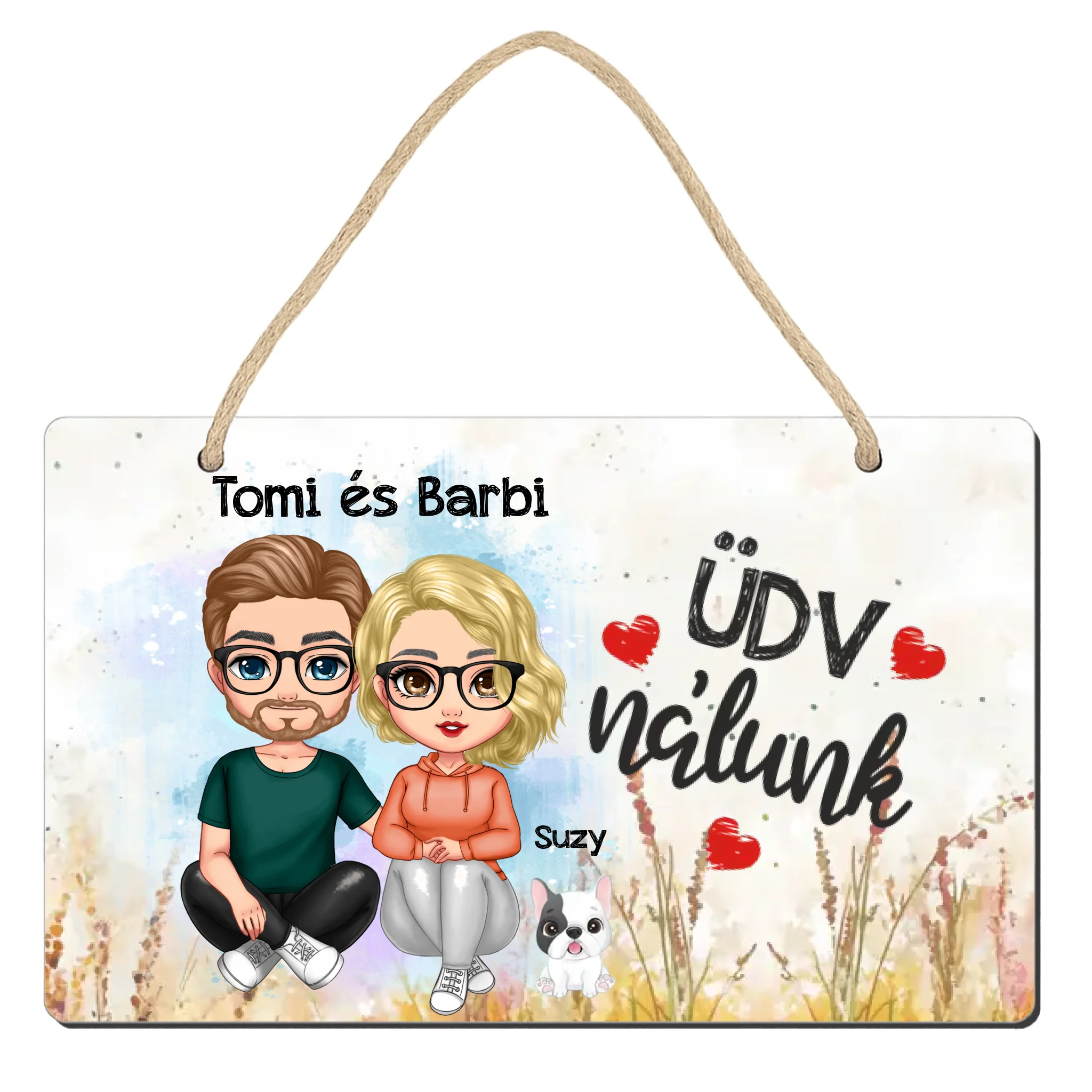 Ajtó kopogtató fa dísztábla szerkeszthető karakterekkel és kutyával