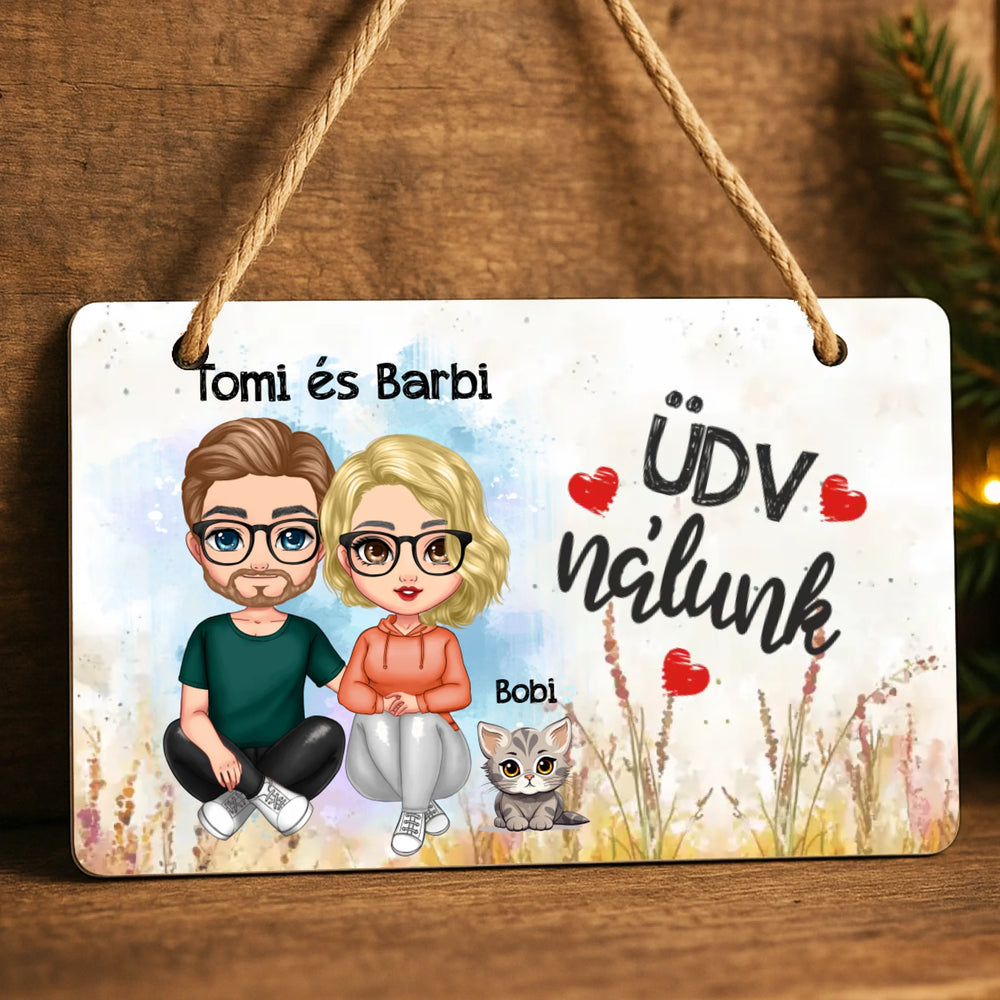 Ajtó kopogtató fa dísztábla szerkeszthető karakterekkel és cicával