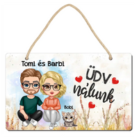 Ajtó kopogtató fa dísztábla szerkeszthető karakterekkel és cicával