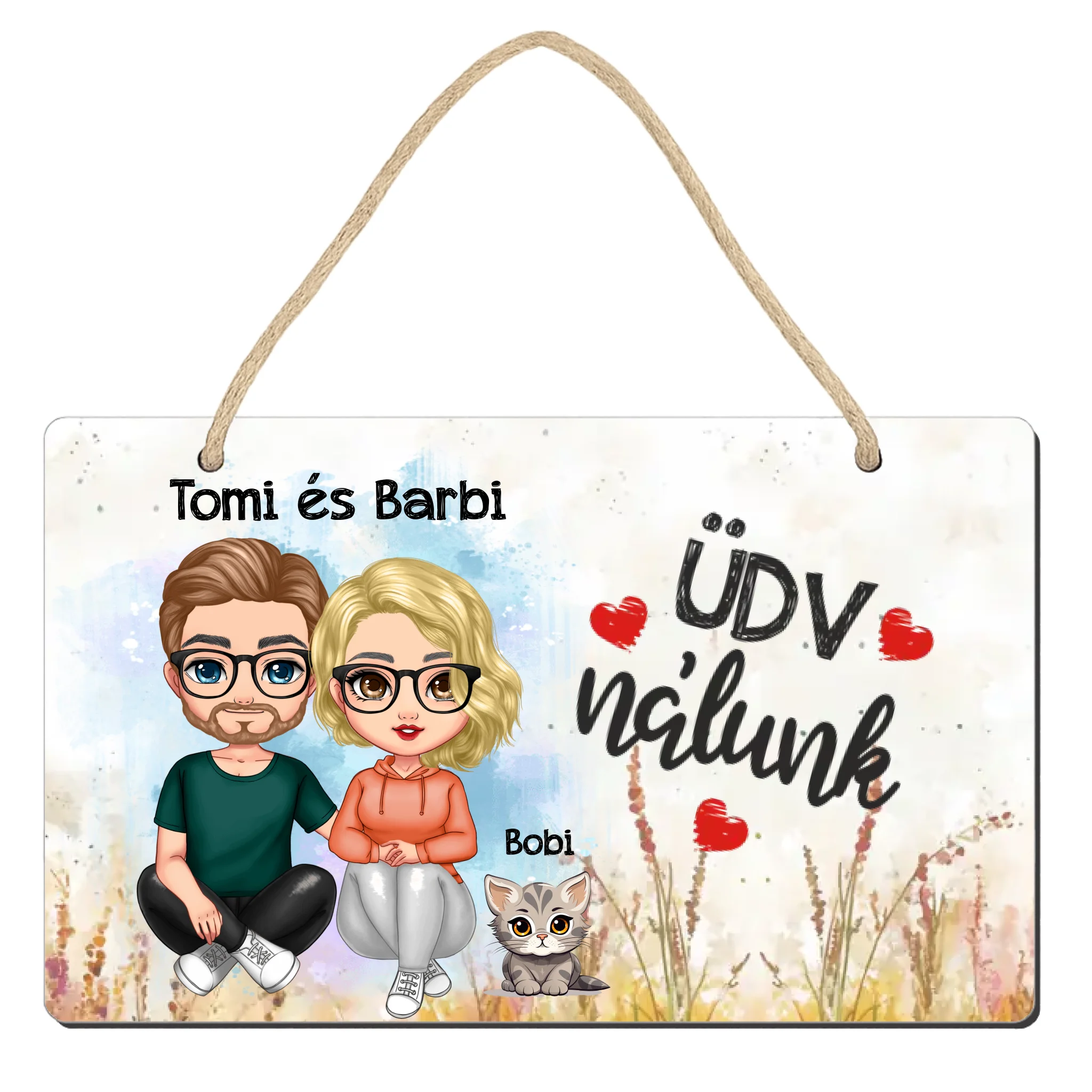 Ajtó kopogtató fa dísztábla szerkeszthető karakterekkel és cicával