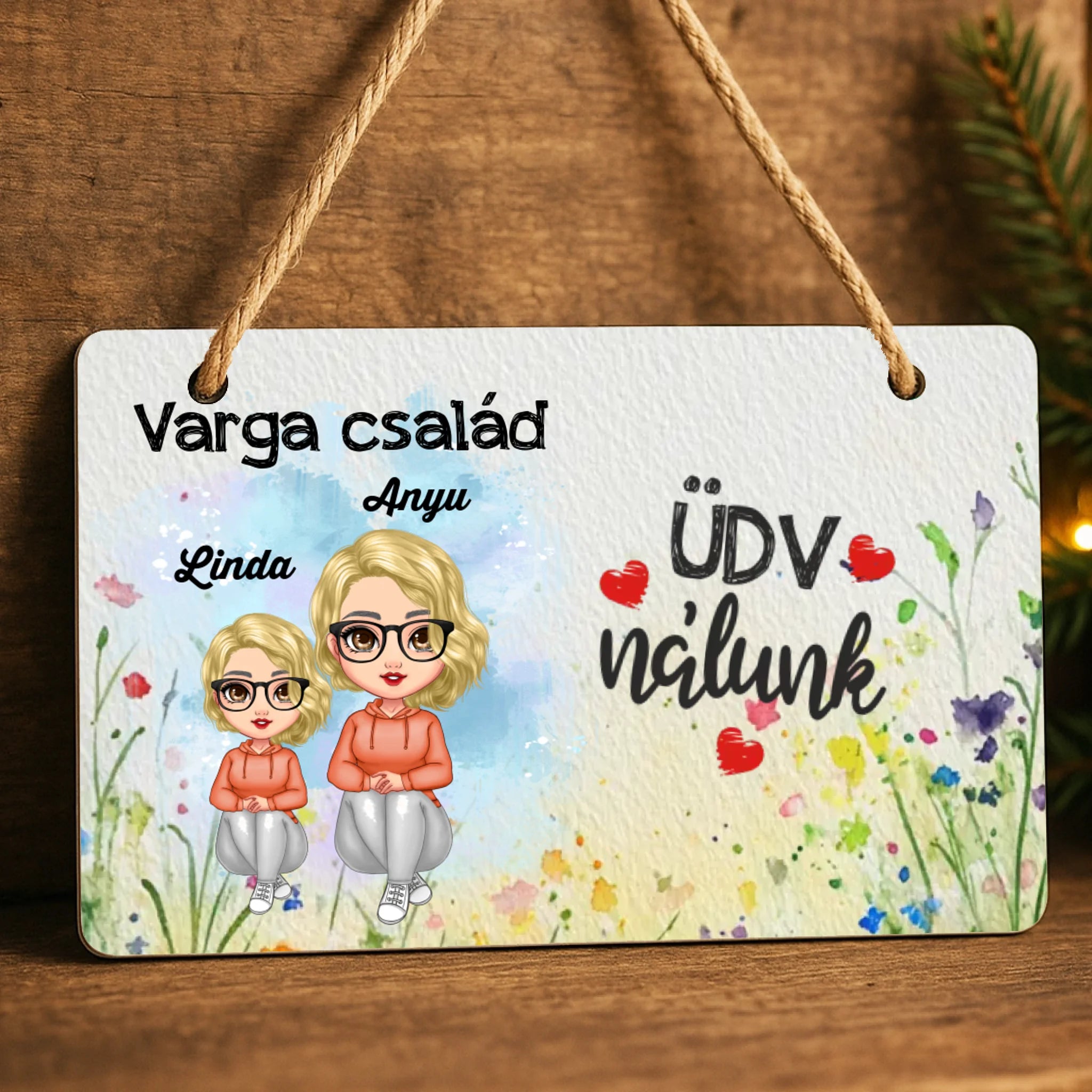 Ajtó kopogtató fa dísztábla szerkeszthető Anya és gyerekek karakterekkel