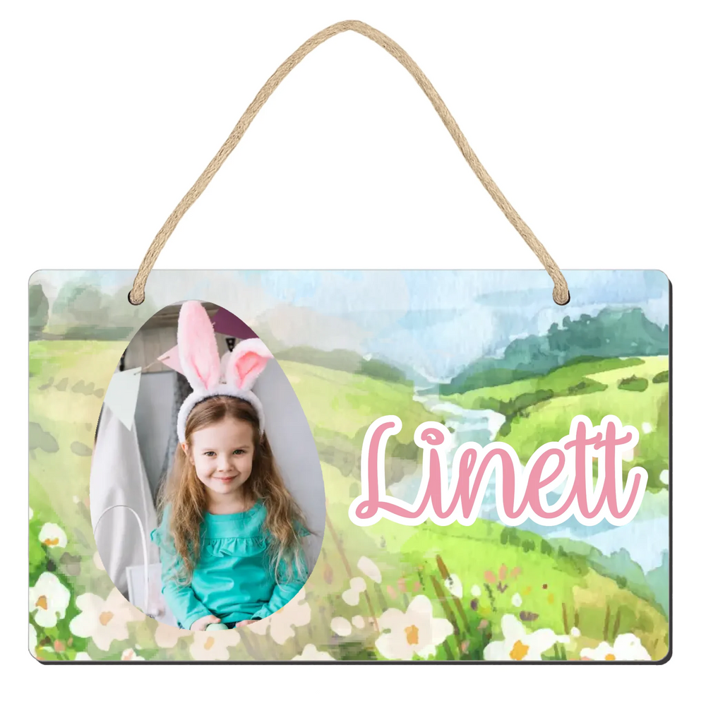 Húsvéti ajtó kopogtató fa dísztábla gyerekeknek egyedi képpel