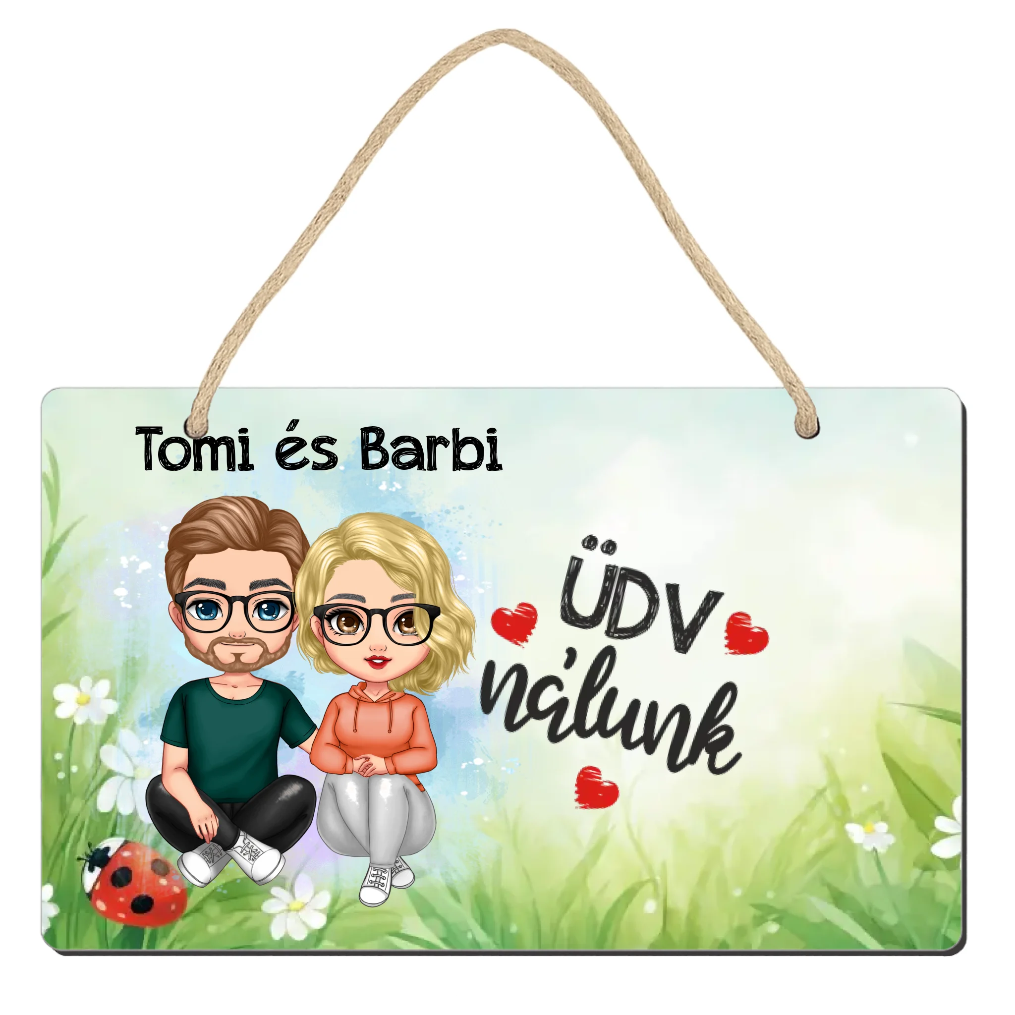 Ajtó kopogtató fa dísztábla pároknak szerkeszthető karakterekkel 