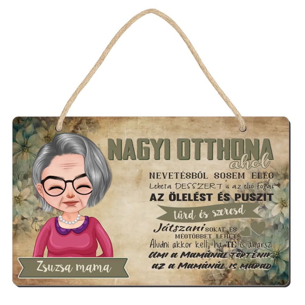 Fali dekor tábla ajándék nagymamáknak - Nagyi otthona szerkeszthető karakterekkel