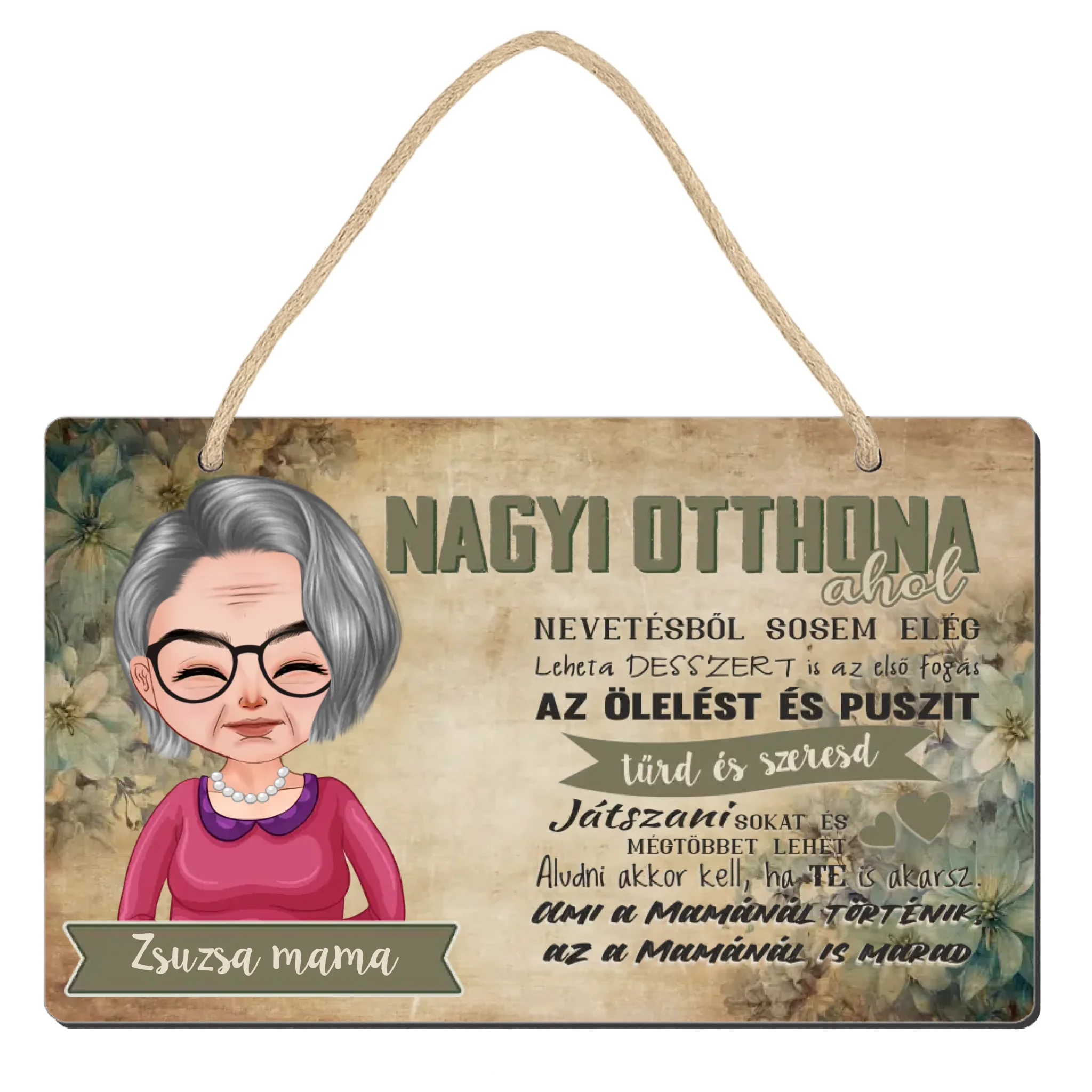 Fali dekor tábla ajándék nagymamáknak - Nagyi otthona szerkeszthető karakterekkel