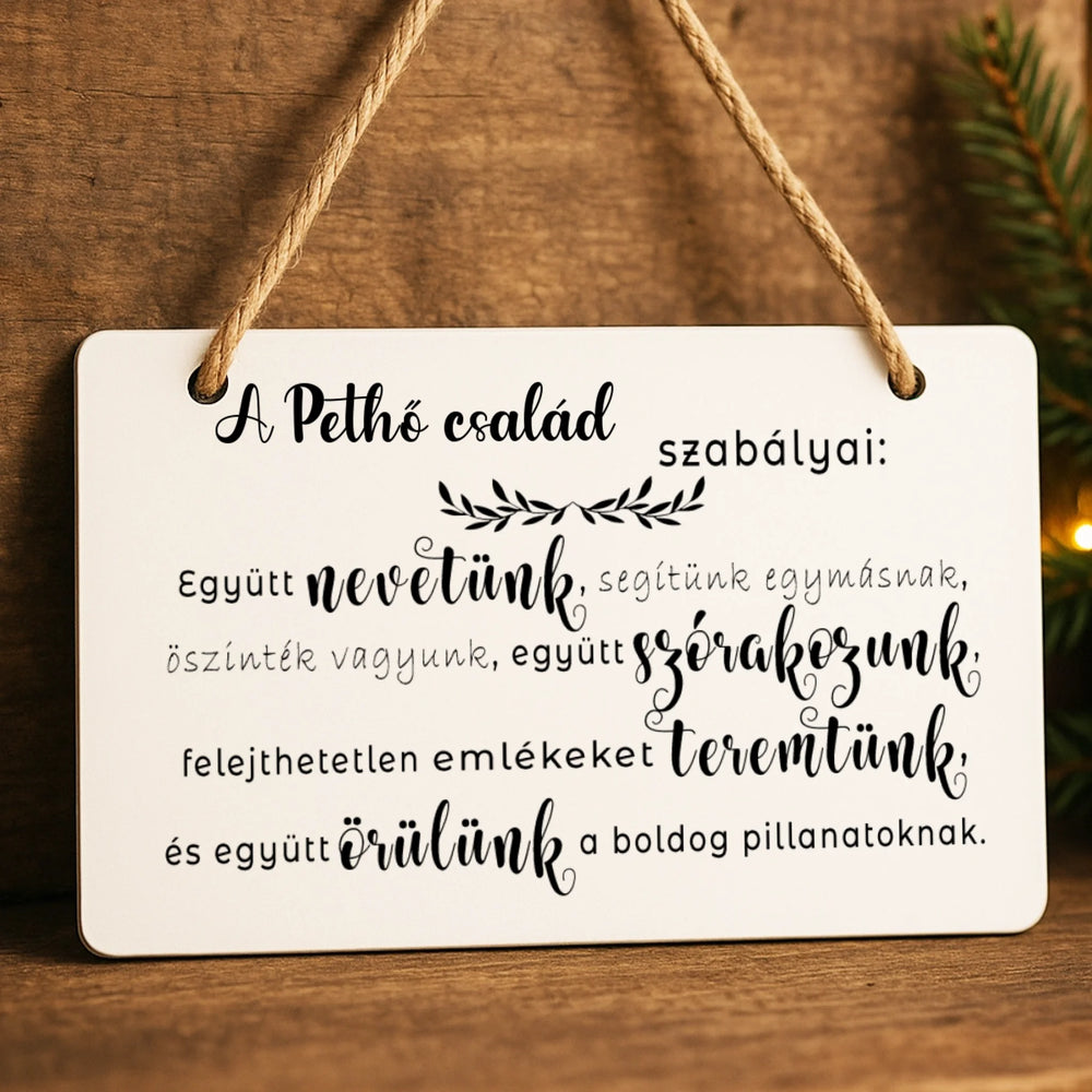 A család szabályai tábla dísz egyedi névvel