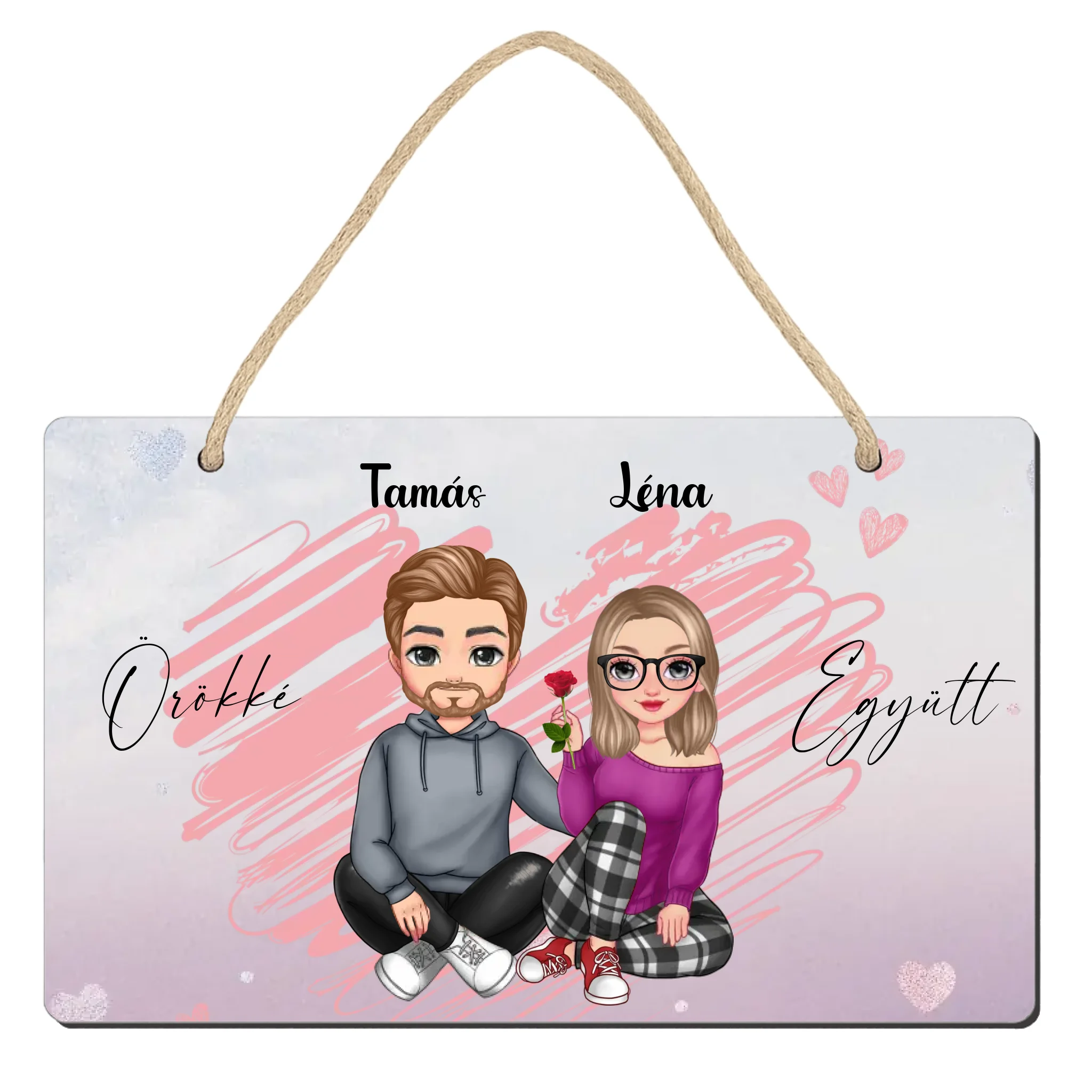 Valentin napi szerkeszthető karakteres dísztábla pároknak
