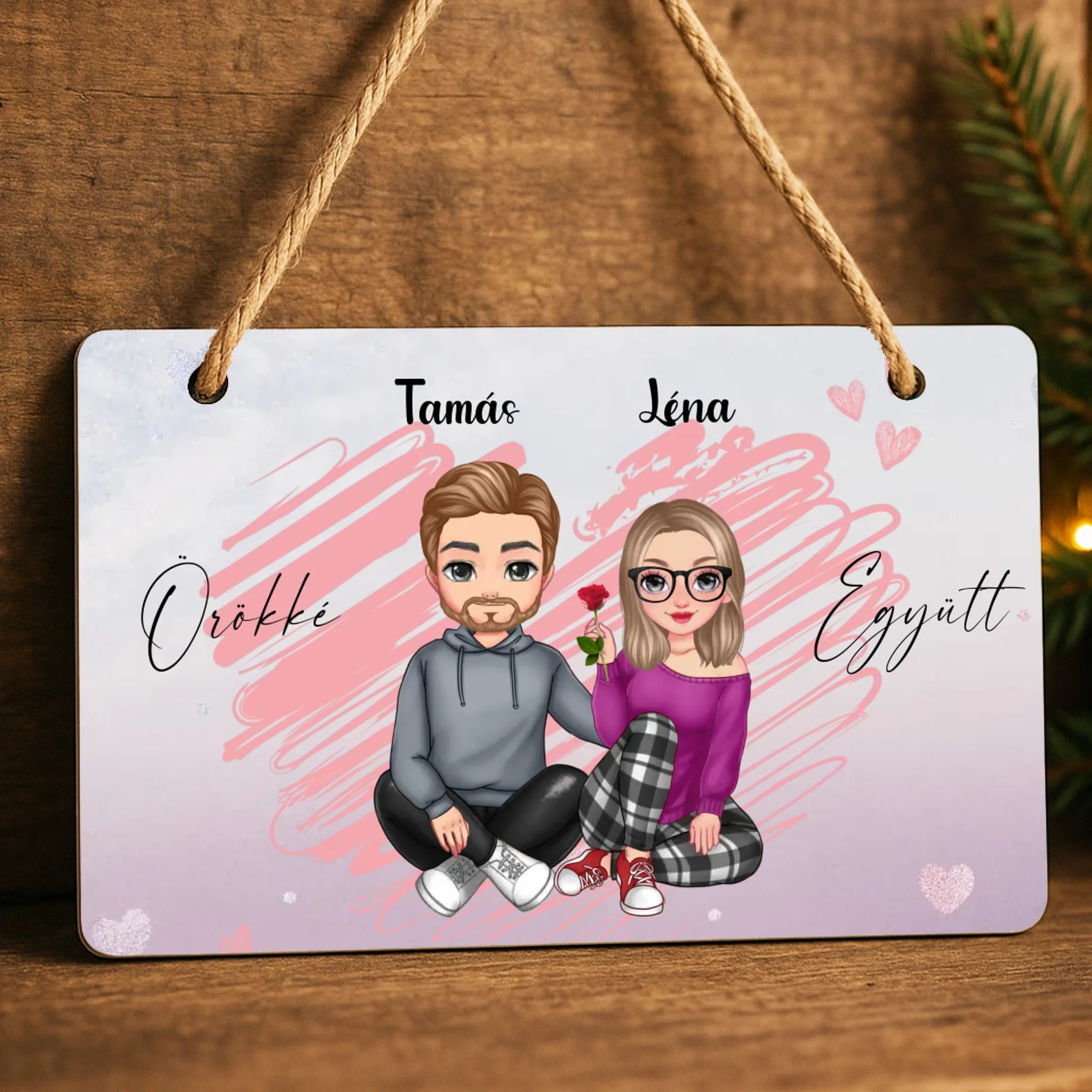 Valentin napi szerkeszthető karakteres dísztábla pároknak