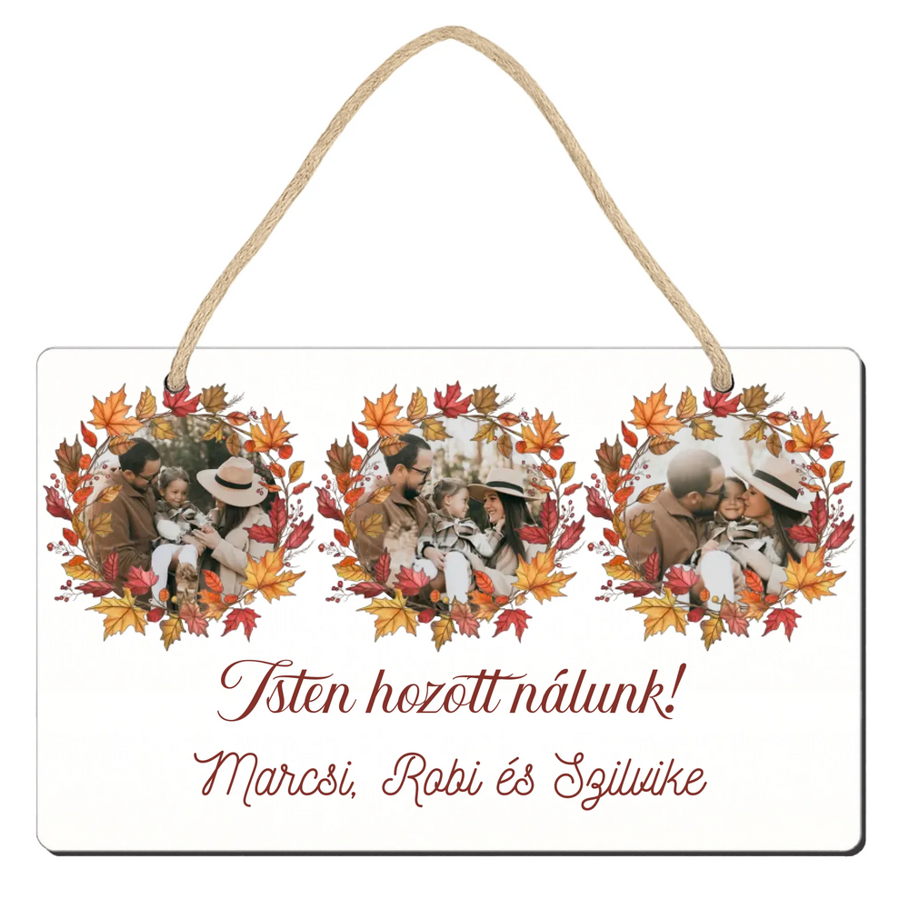 Őszi ajtódísz fatábla egyedi névvel és felirattal három képes