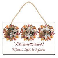 Őszi ajtódísz fatábla egyedi névvel és felirattal három képes