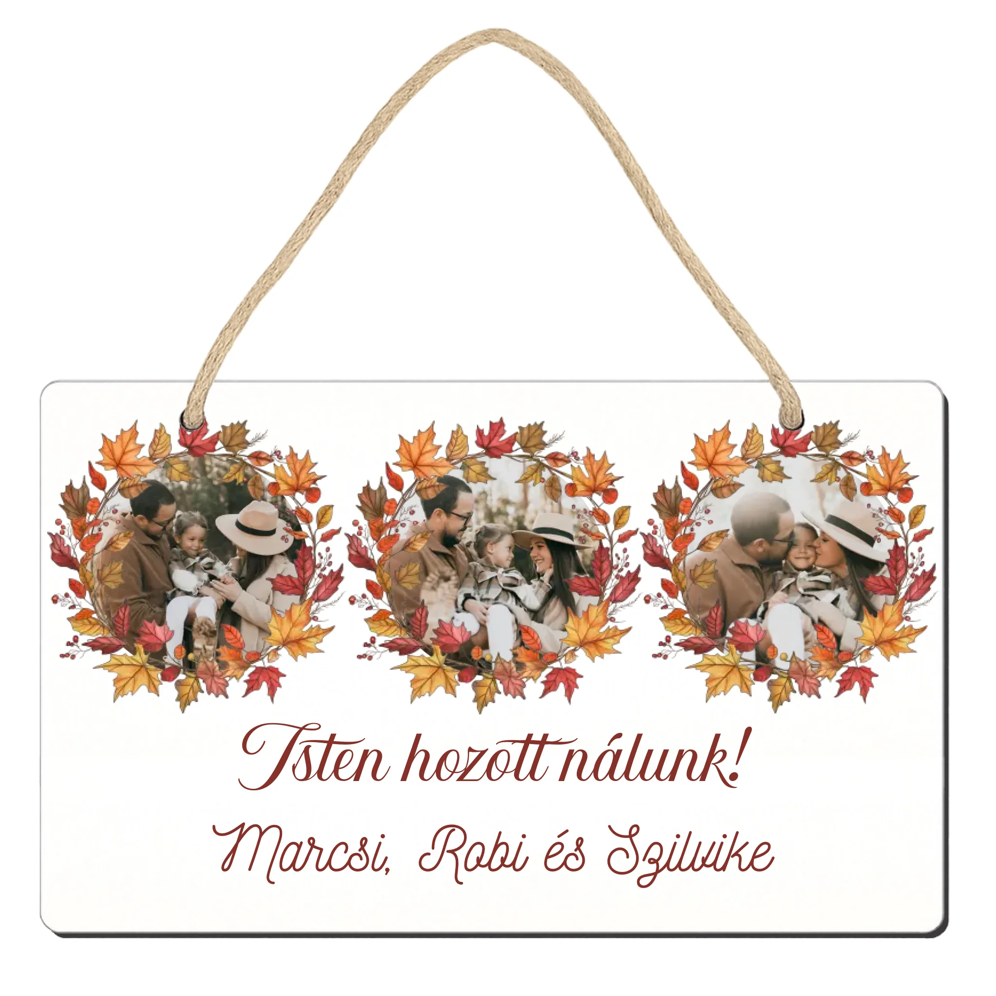 Őszi ajtódísz fatábla egyedi névvel és felirattal három képes