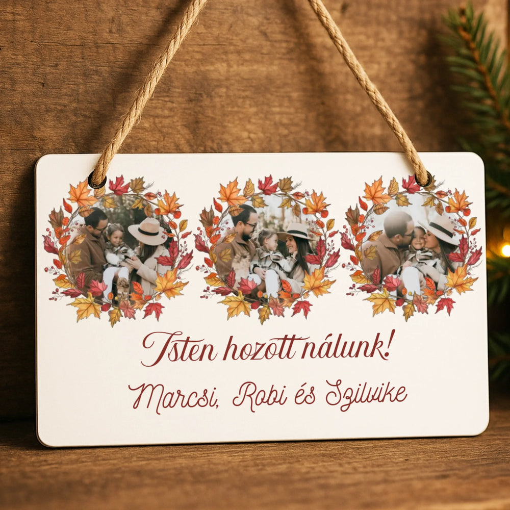 Őszi ajtódísz fatábla egyedi névvel és felirattal három képes