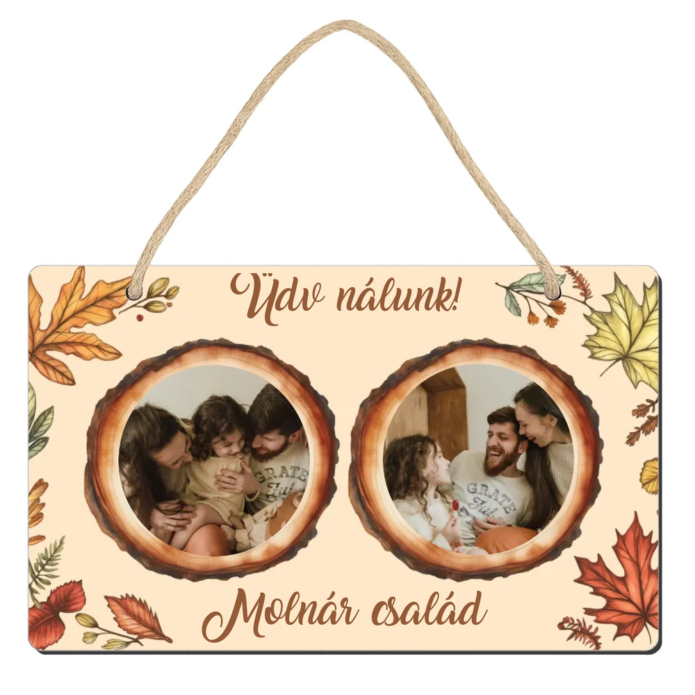 Őszi ajtódísz fatábla egyedi névvel és felirattal két képes