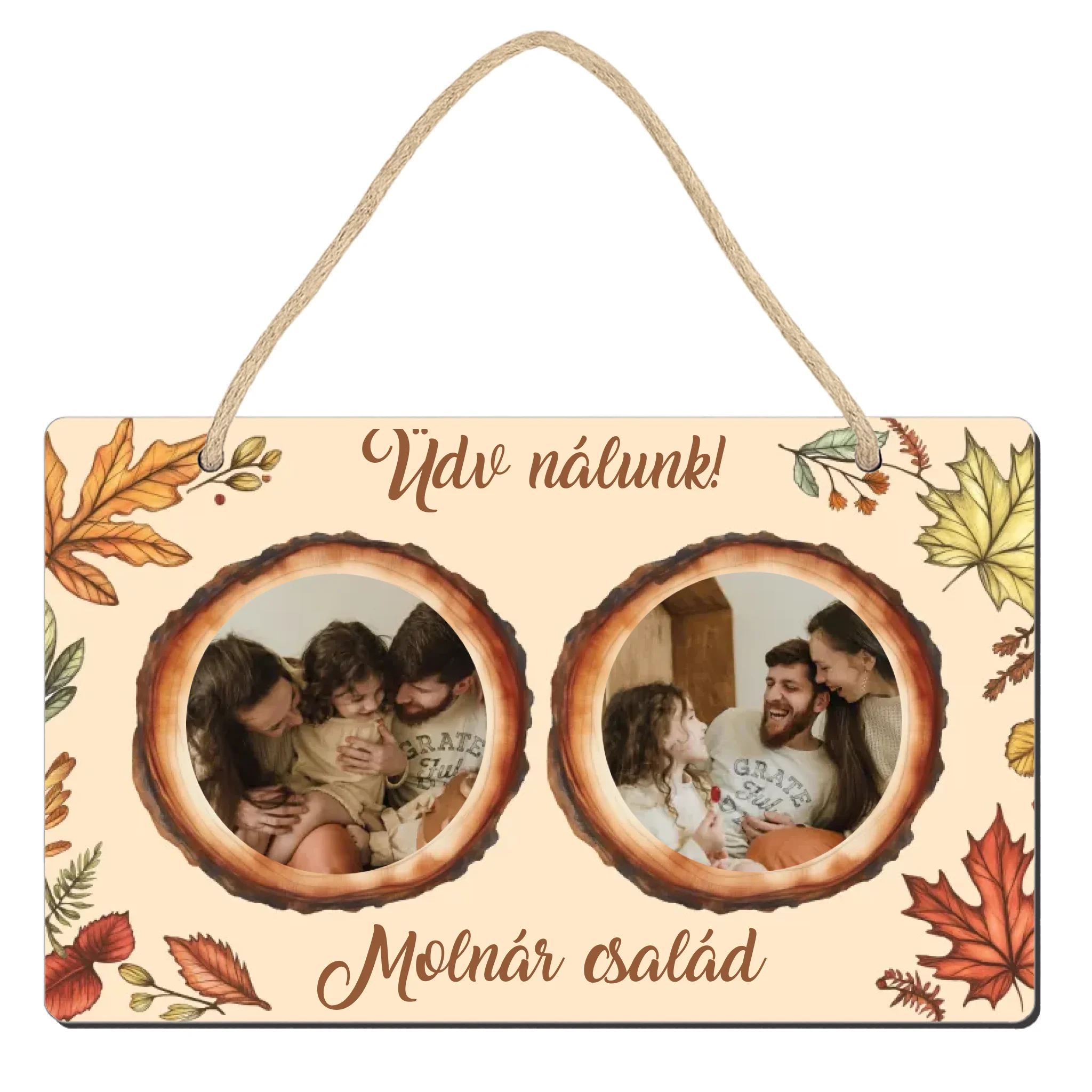 Őszi ajtódísz fatábla egyedi névvel és felirattal két képes