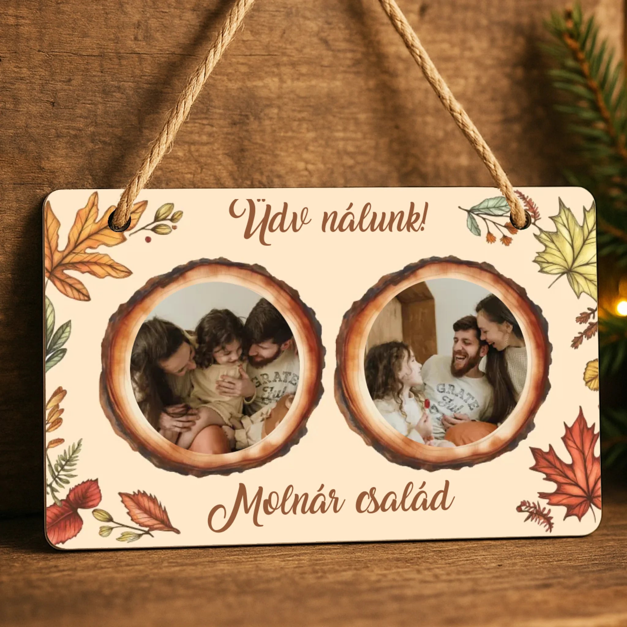 Őszi ajtódísz fatábla egyedi névvel és felirattal két képes