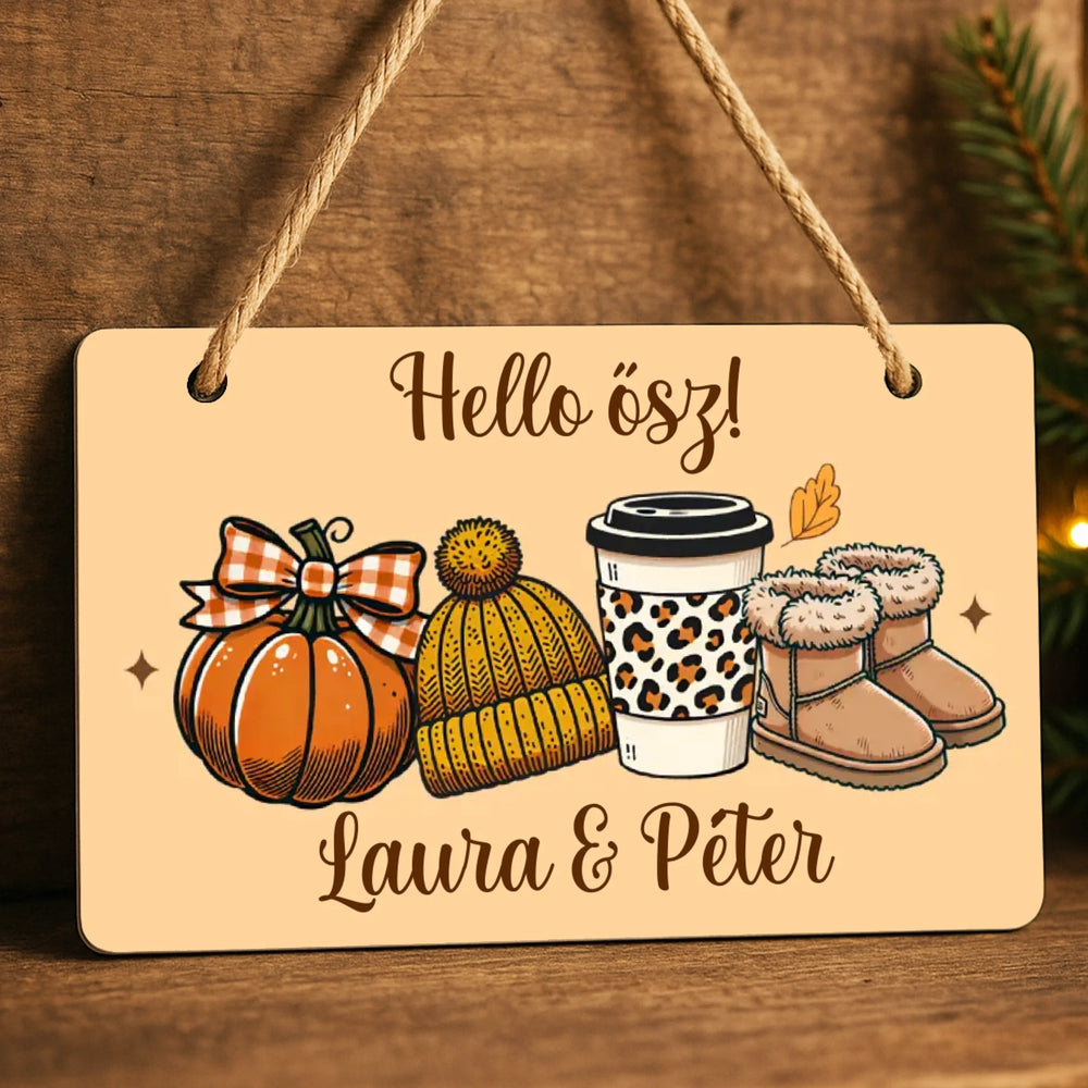 Őszi ajtódísz fatábla egyedi névvel és felirattal