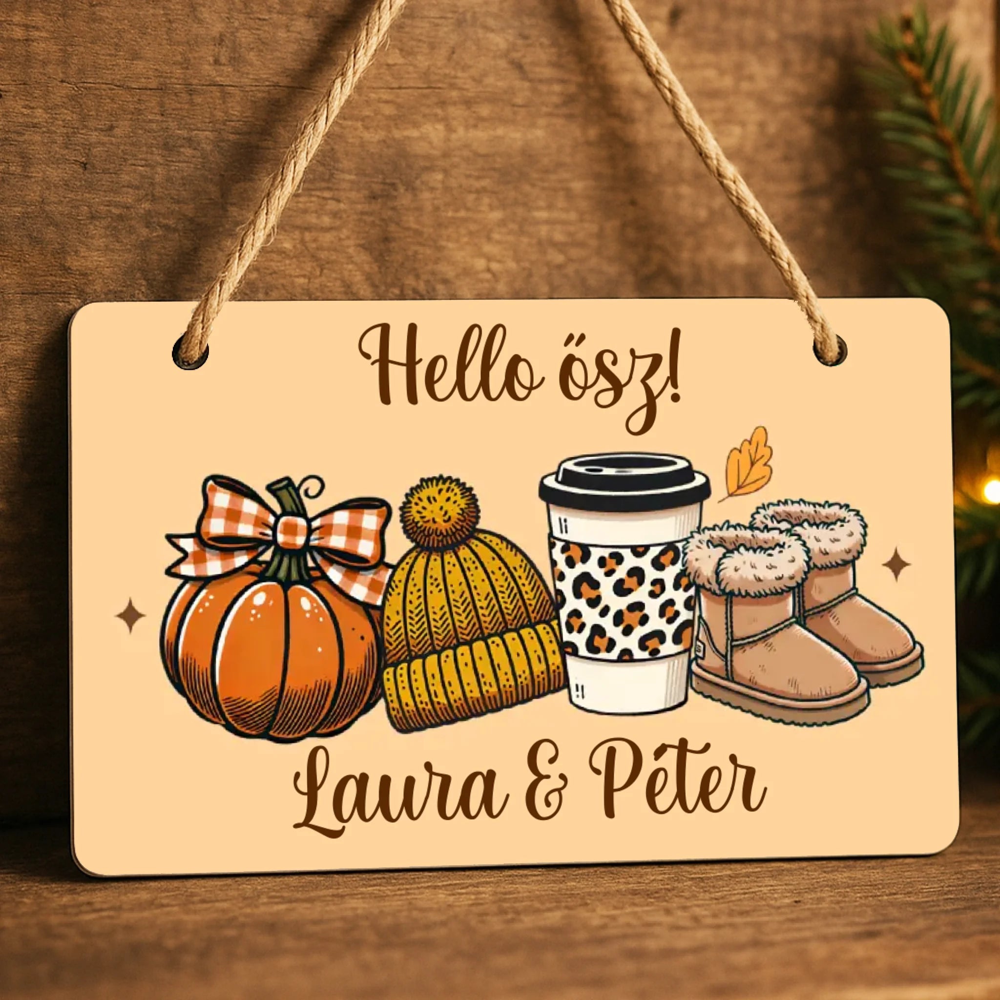Őszi ajtódísz fatábla egyedi névvel és felirattal