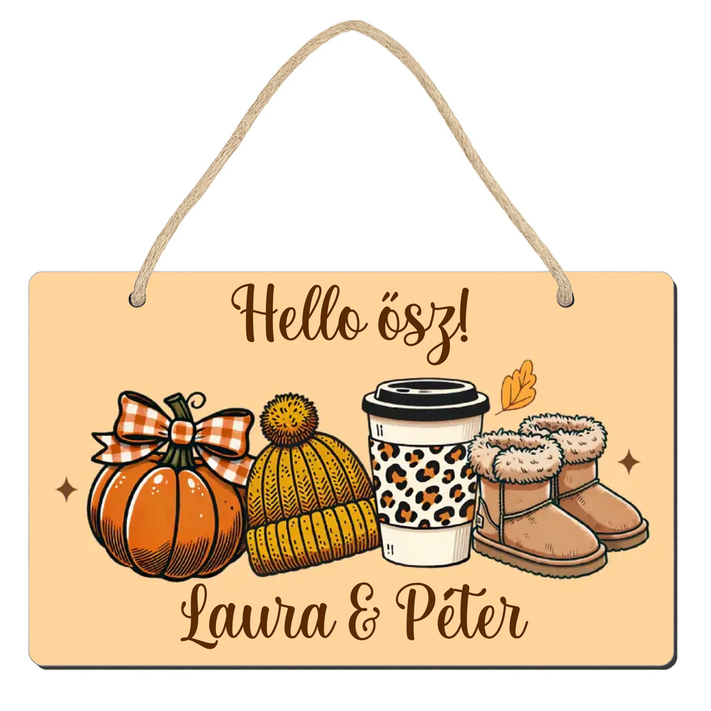 Őszi ajtódísz fatábla egyedi névvel és felirattal