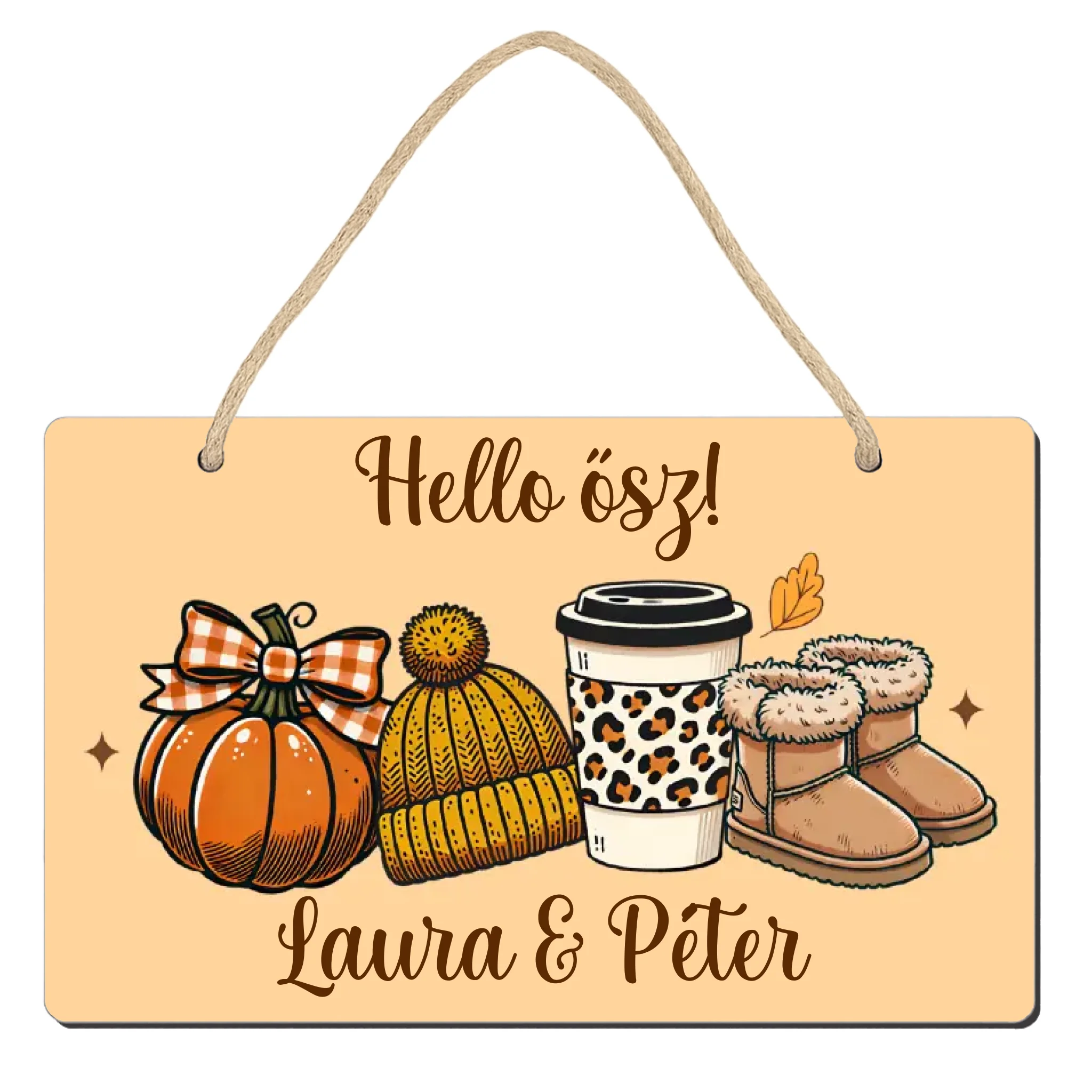 Őszi ajtódísz fatábla egyedi névvel és felirattal