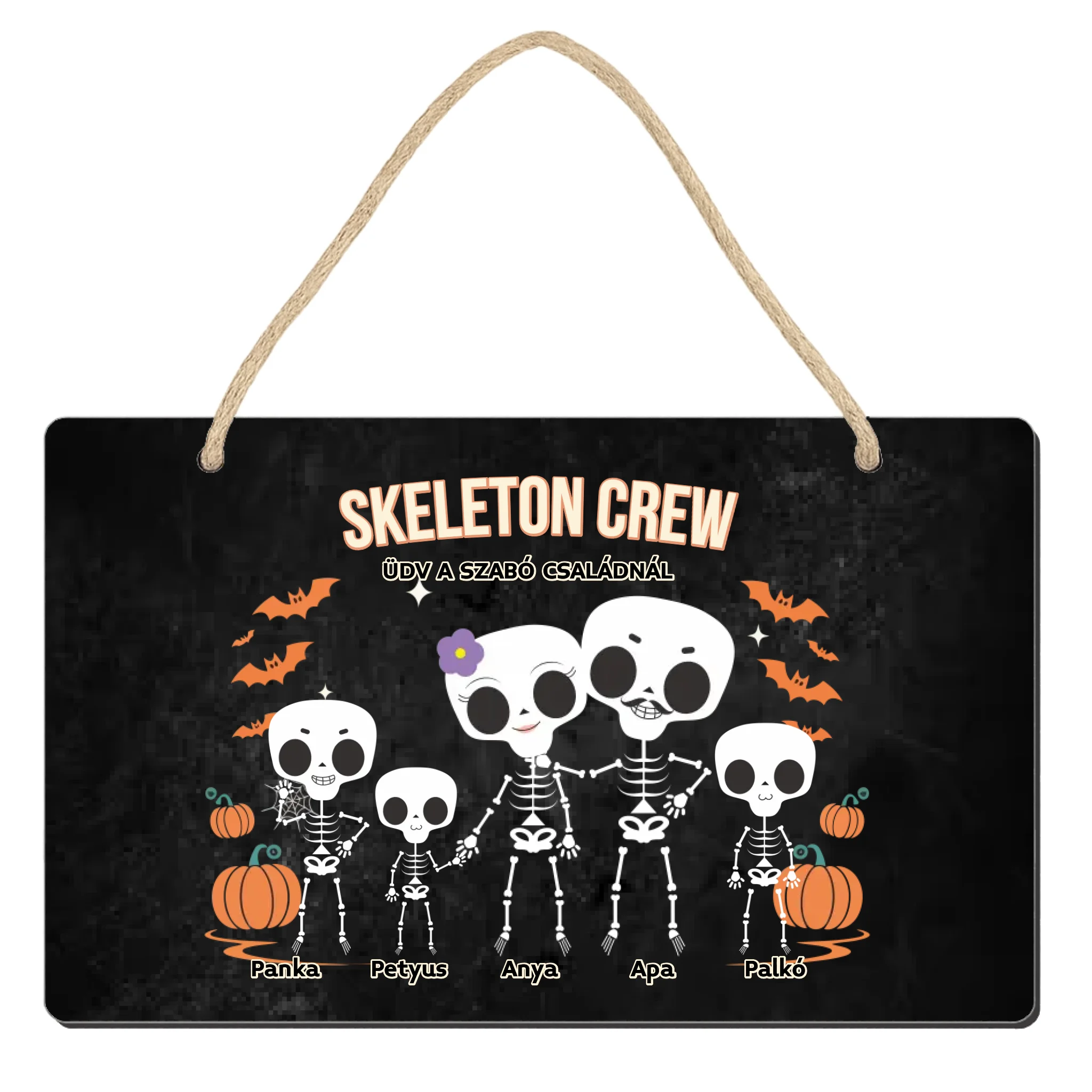 Személyre szabható őszi Halloweeni fali dekor tábla - Skeleton Crew családi ajándék