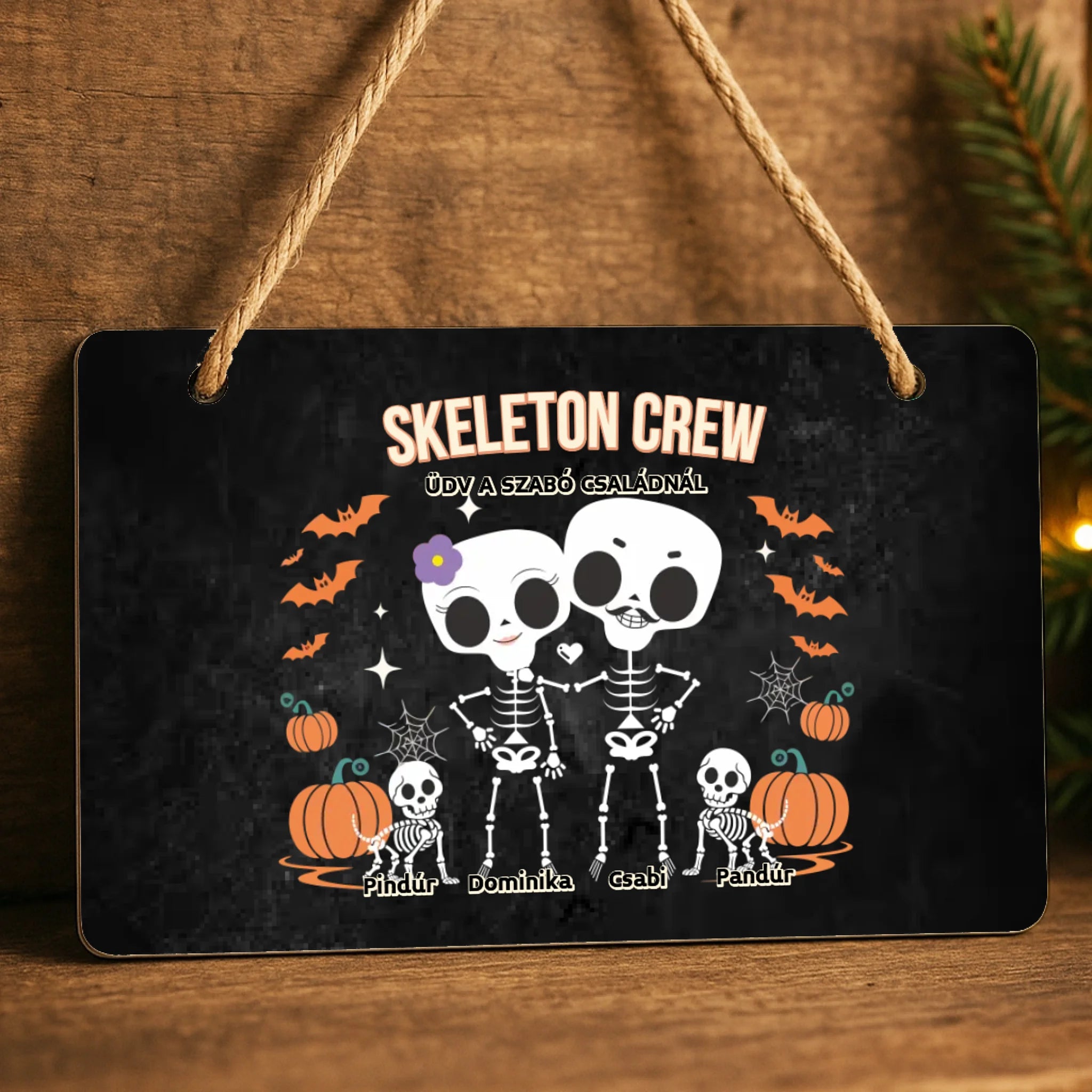 Személyre szabható őszi Halloweeni fali dekor tábla - Skeleton Crew családi ajándék pároknak