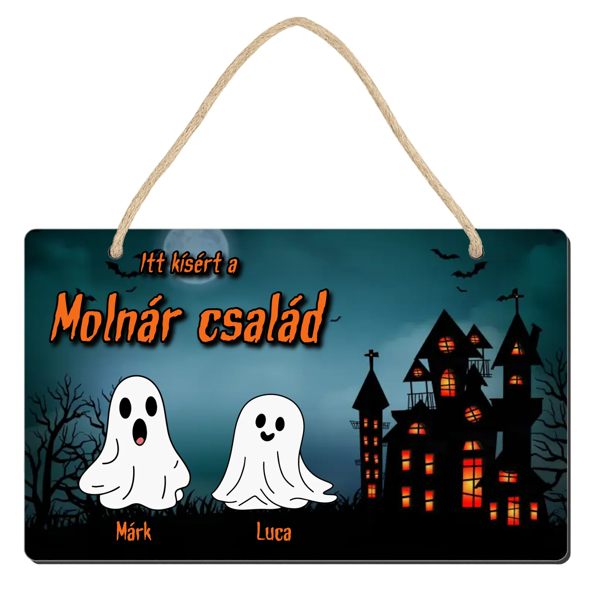Személyre szabható halloweeni dísztábla - névvel és szellemekkel