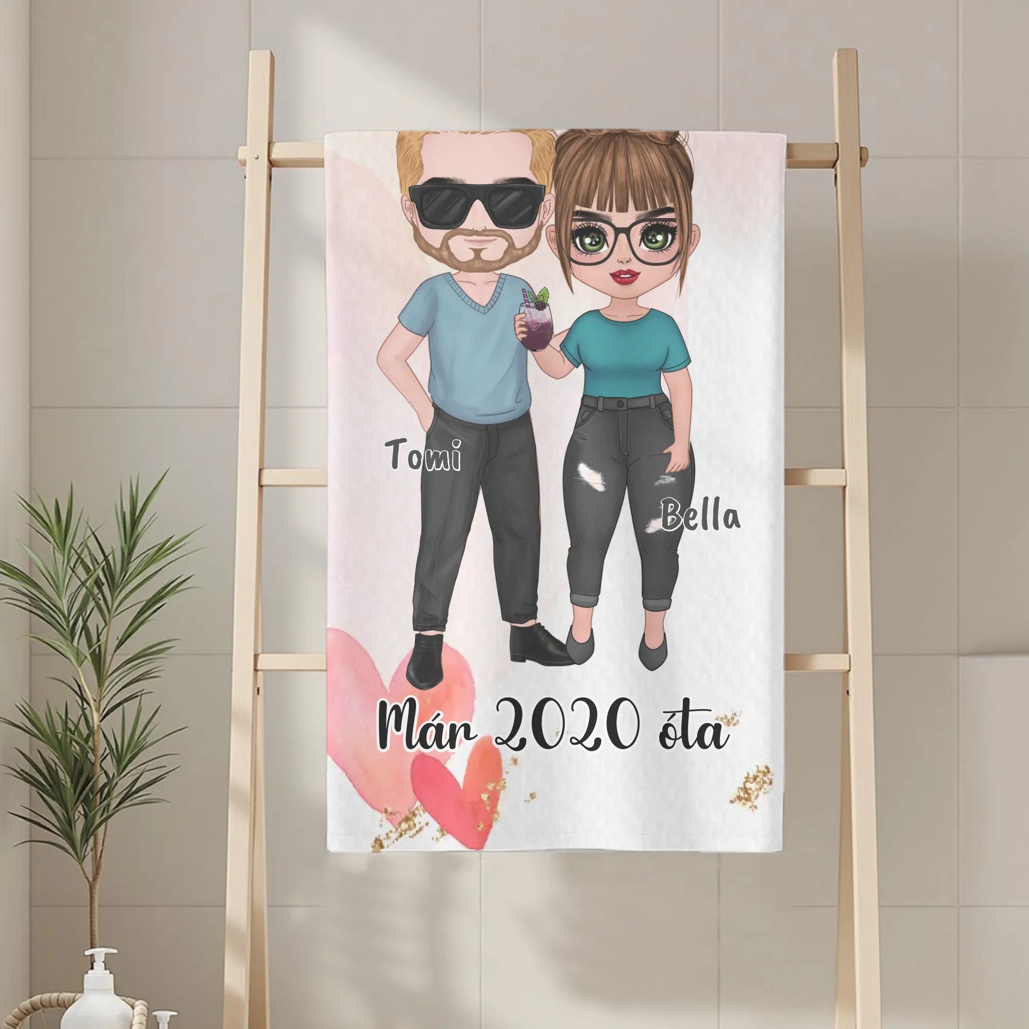 Szerkeszthető karakteres törölköző egyedi felirattal Valentin-napra