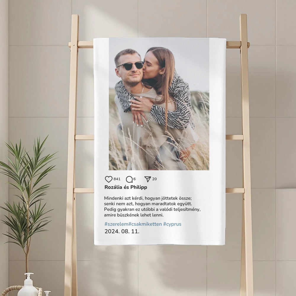 Egyedi képes Instagram stílusú törölköző szerkeszthető felirattal