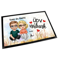 Szerkeszthető páros karakteres lábtörlő virágos mintával és kutyákkal 