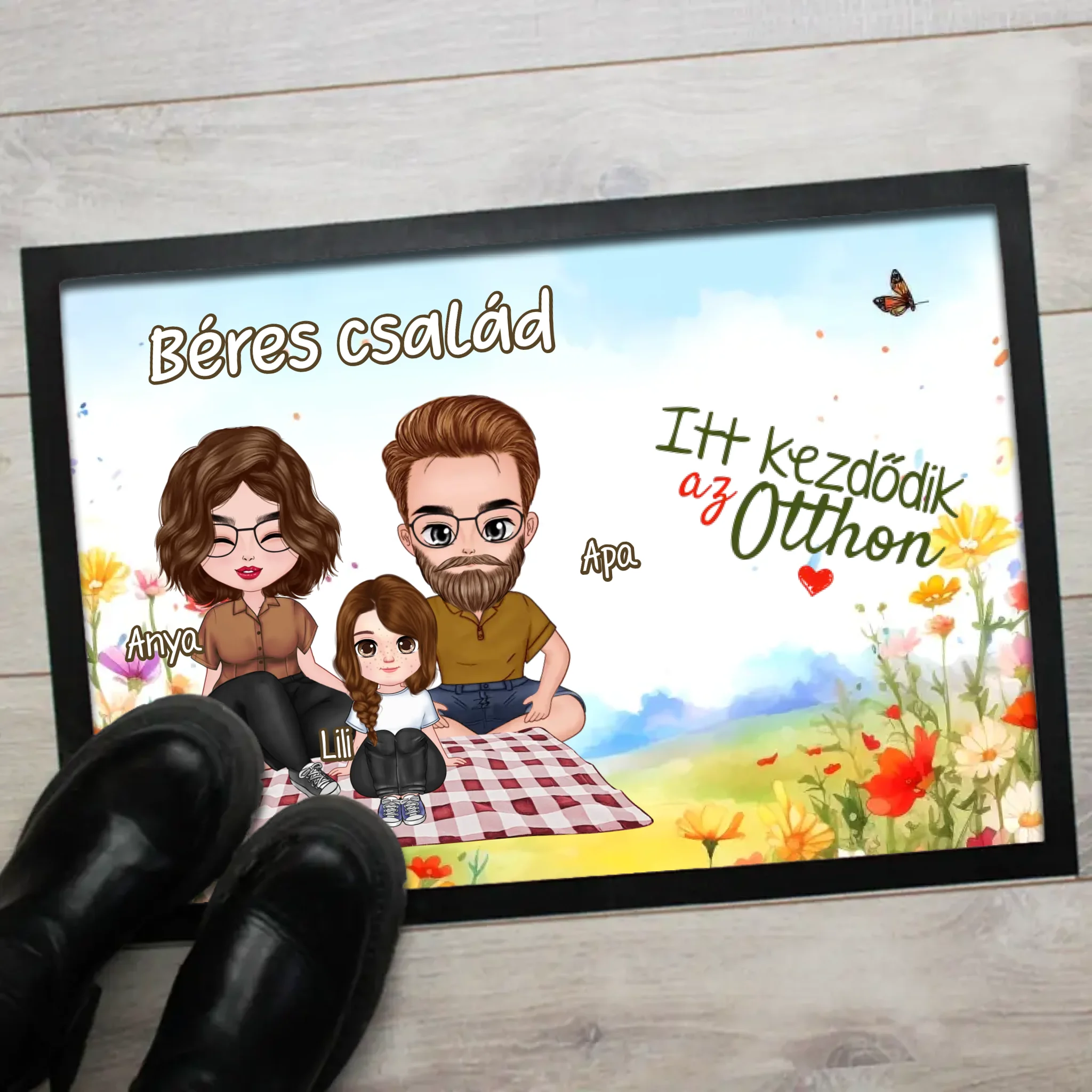 Tavaszi mintás szerkeszthető karakteres családos lábtörlő választható felirattal 