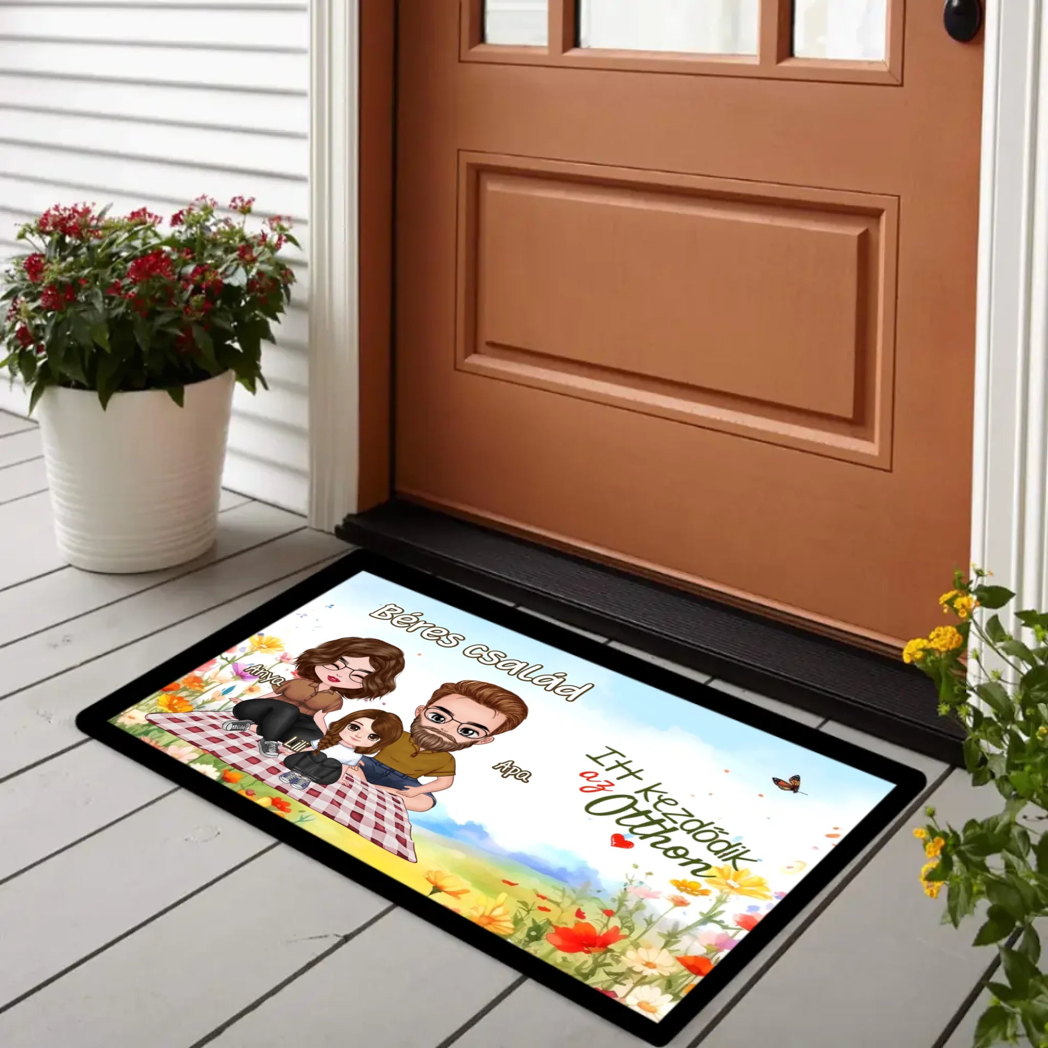 Tavaszi mintás szerkeszthető karakteres családos lábtörlő választható felirattal 