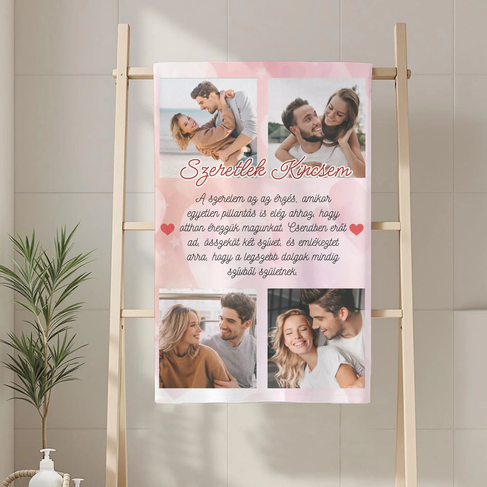 Egyedi képes törölköző szerkeszthető felirattal pároknak