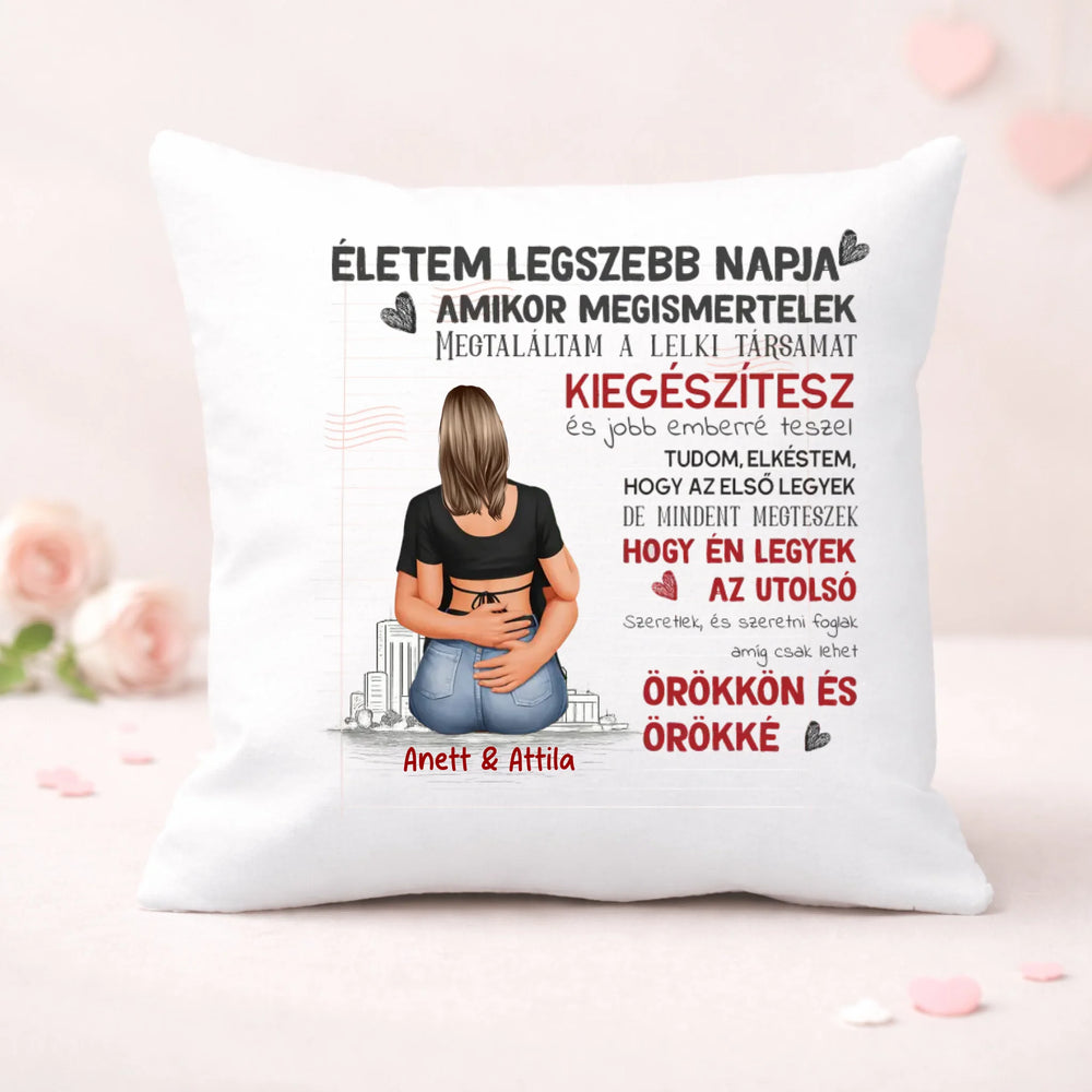 Életem legszebb napja feliratos párna - szerkeszthető karakterrel és egyedi névvel