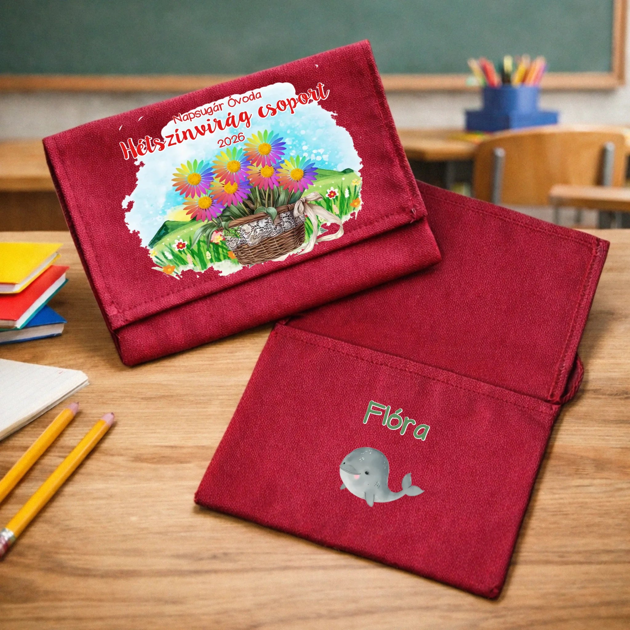 Ballagási tarisznya ovisoknak - Hétszínvirág csoport mintával bordóvászon