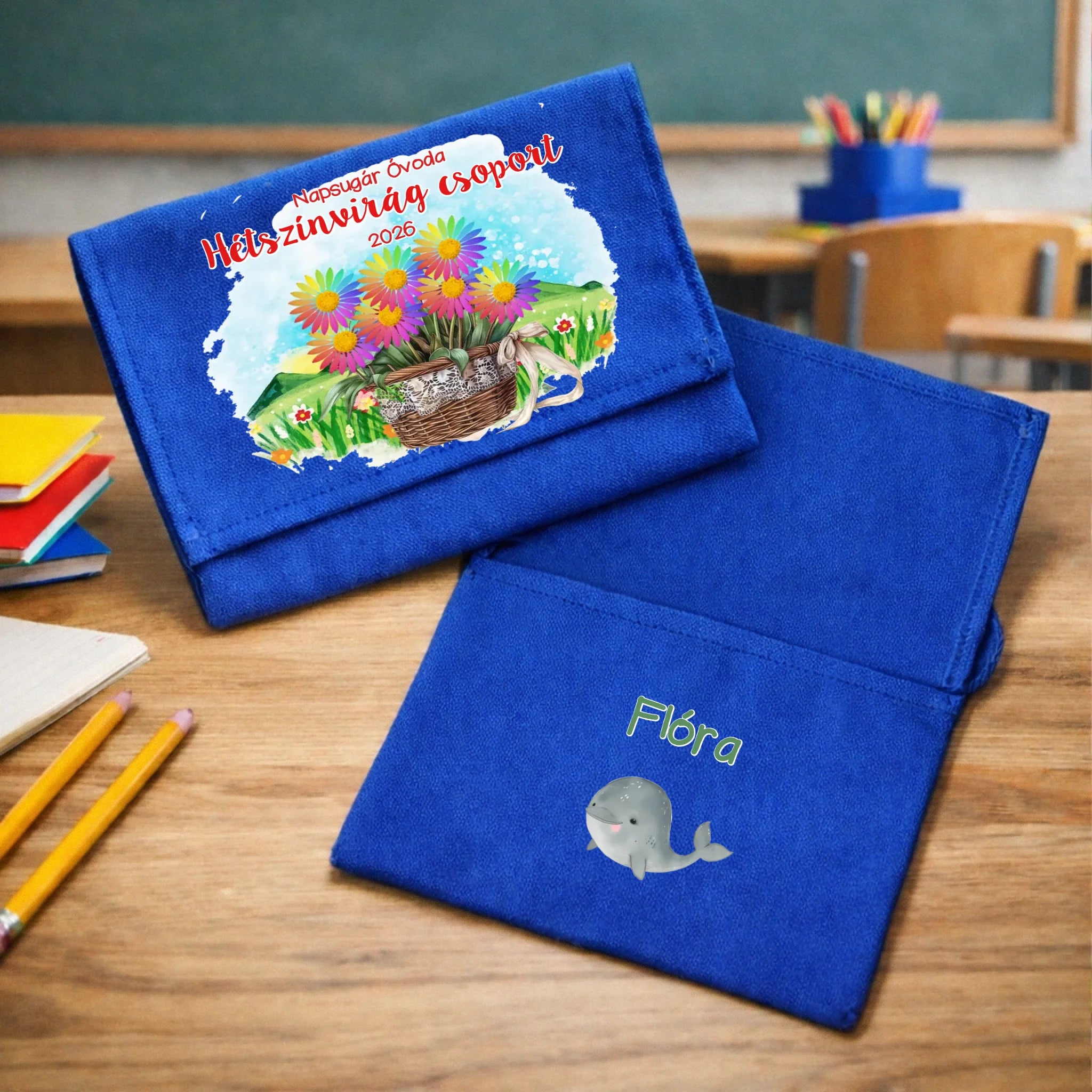 Ballagási tarisznya ovisoknak - Hétszínvirág csoport mintával kékvászon