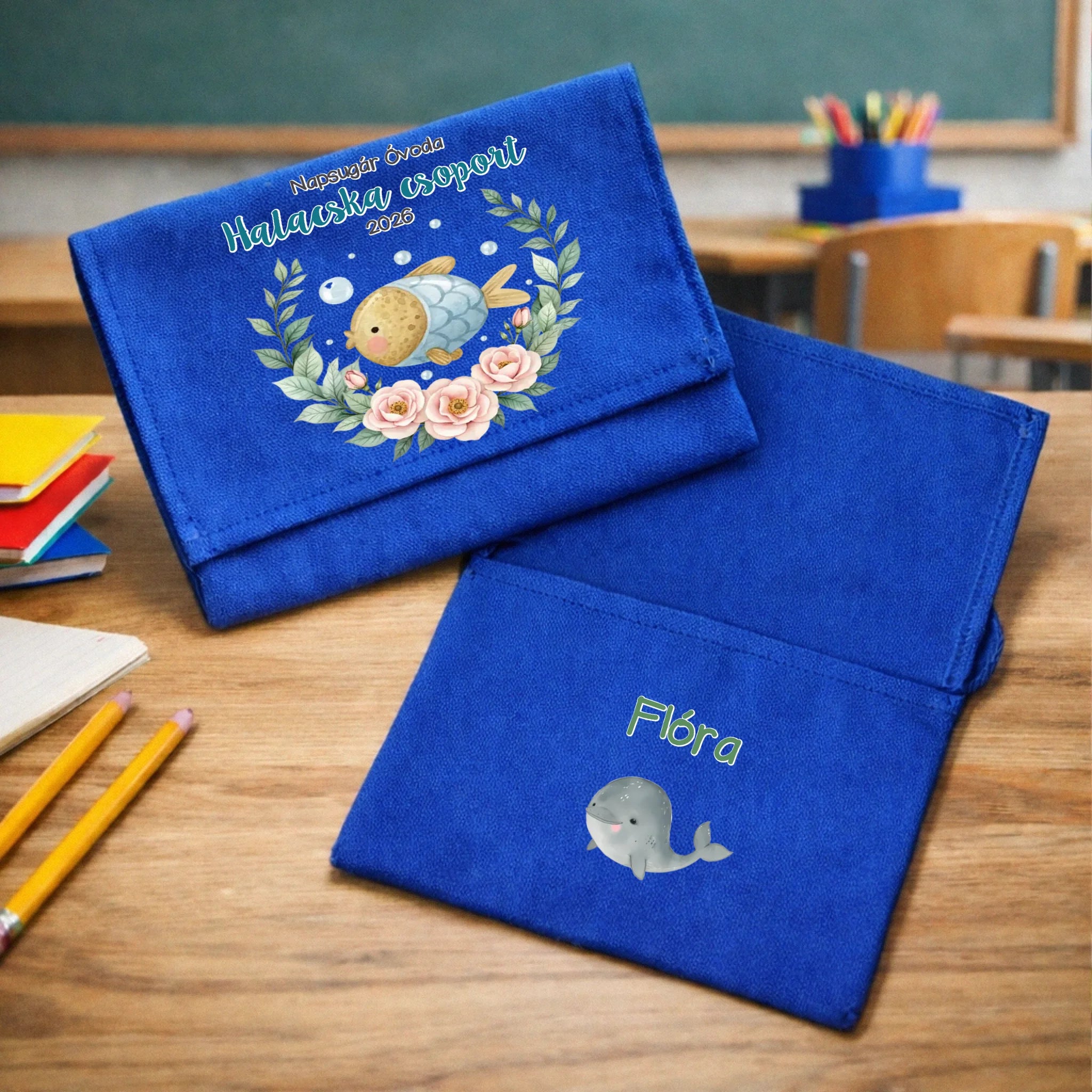 Ballagási tarisznya ovisoknak - halacska csoport kékvászon