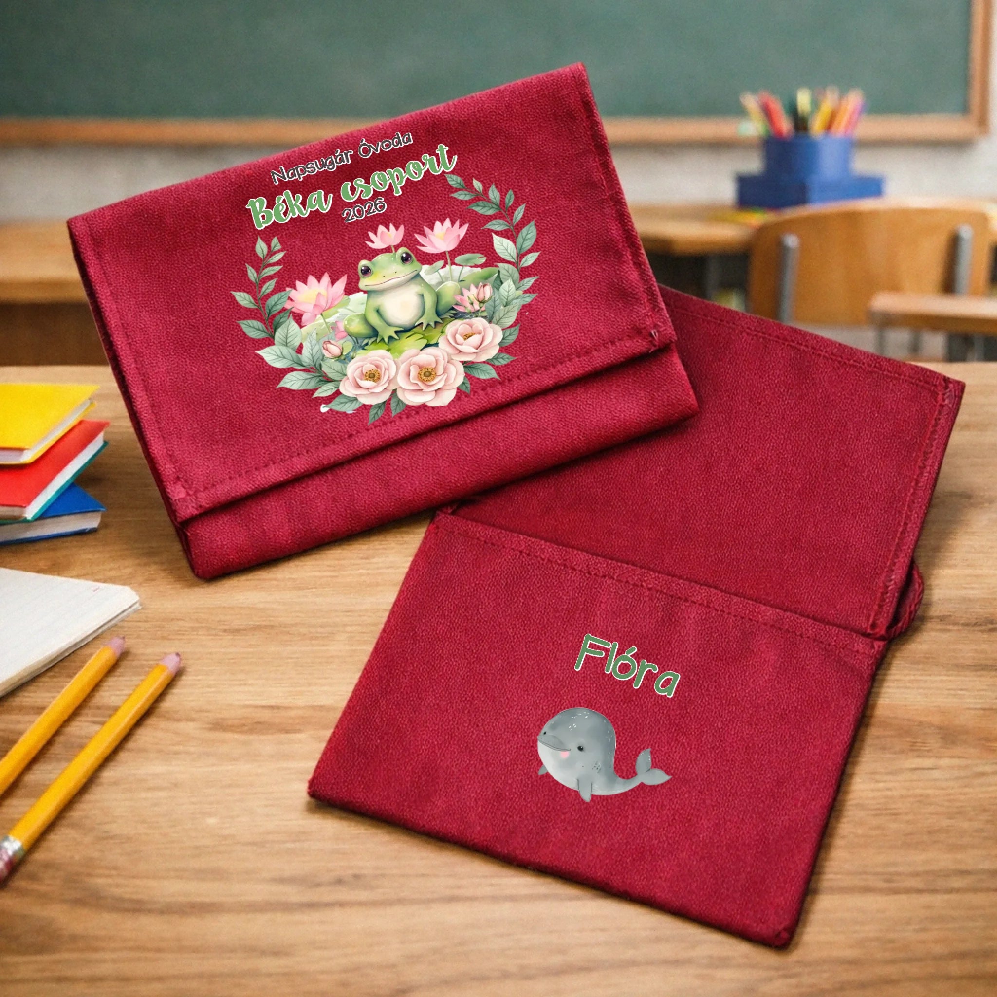 Ballagási tarisznya ovisoknak - Zöld béka csoport bordóvászon