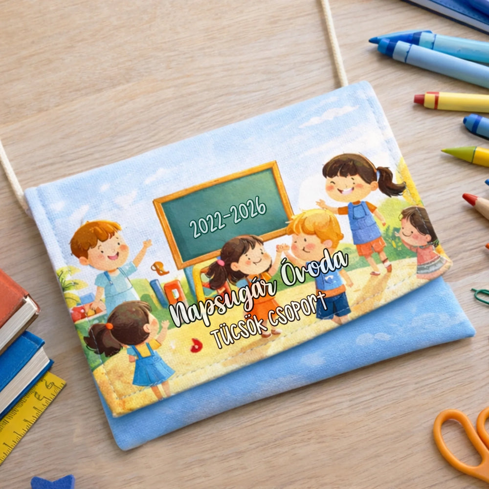 Személyre szabható ovis ballagási tarisznya - telinyomtaos mintával, névvel és jellel 1