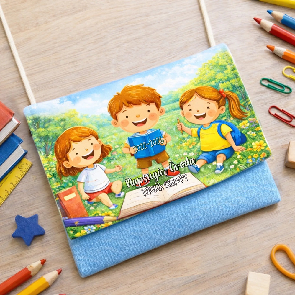 Személyre szabható ovis ballagási tarisznya - telinyomtaos mintával, névvel és jellel 2