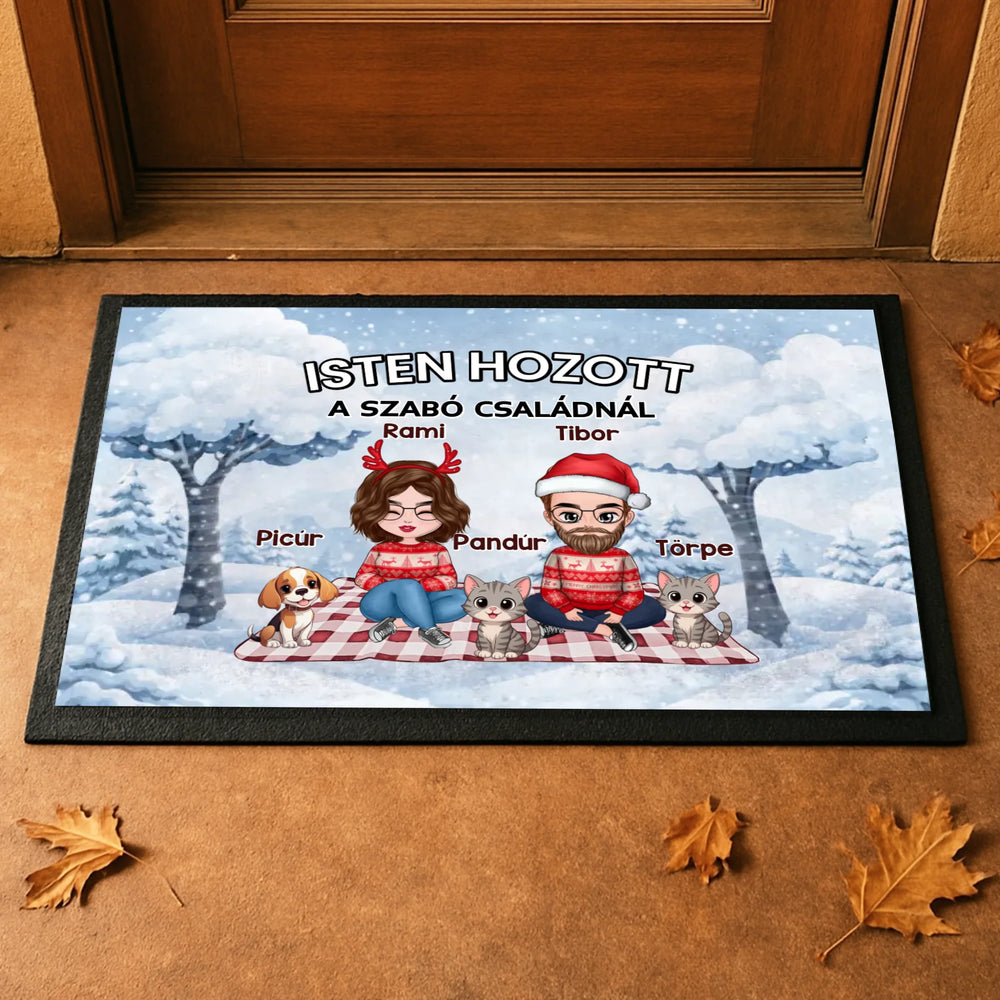 Személyre szabható téli lábtörlő - egyedi családi ajándék pároknak akár 4 kisálattal