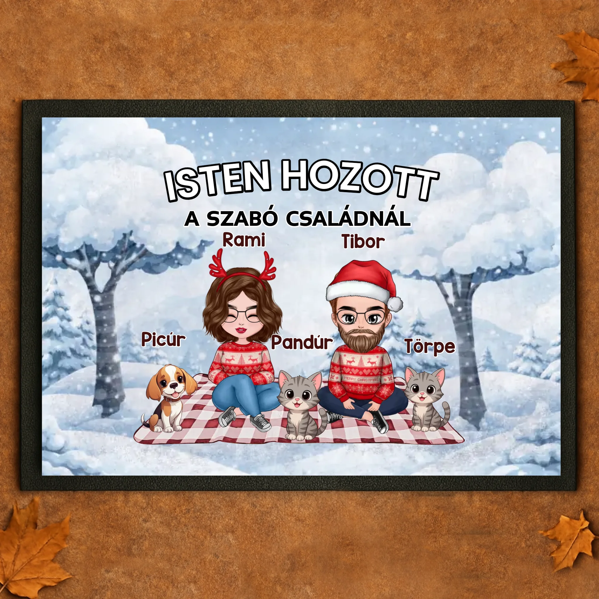 Személyre szabható téli lábtörlő - egyedi családi ajándék pároknak akár 4 kisálattal