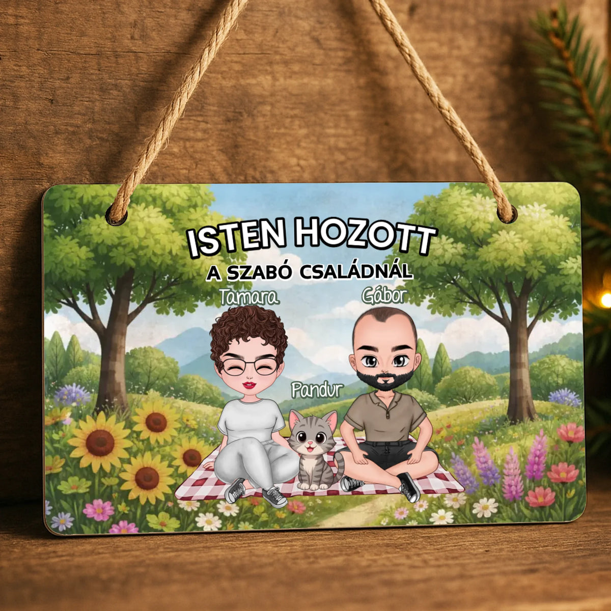 Személyre szabható nyári fali dekor tábla - egyedi ajándék pároknak akár 3 kisálattal