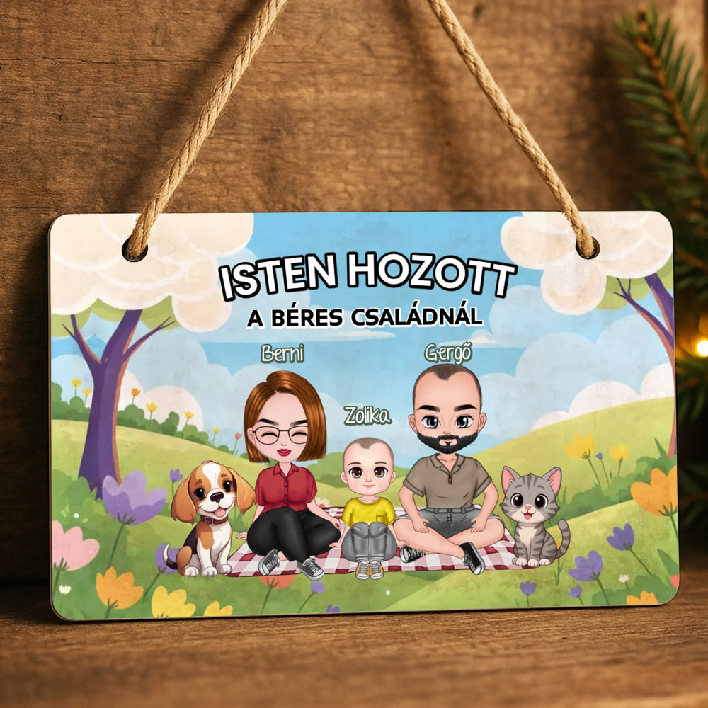 Személyre szabható tavaszi fali dekor tábla - egyedi családi ajándék akár 3 gyerekkel és kisálattal